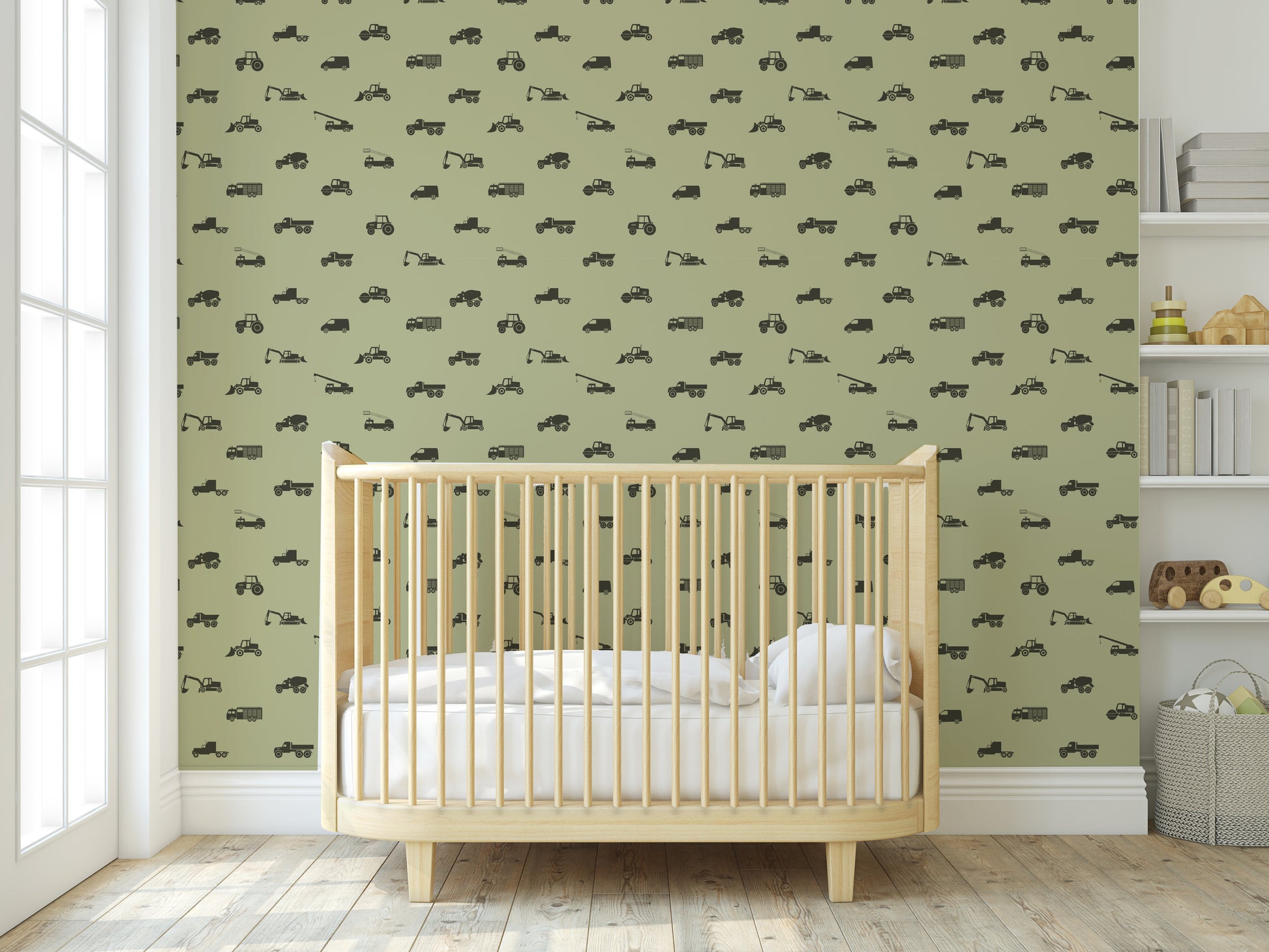 Nursery featuring construction vehicle wallpaper
