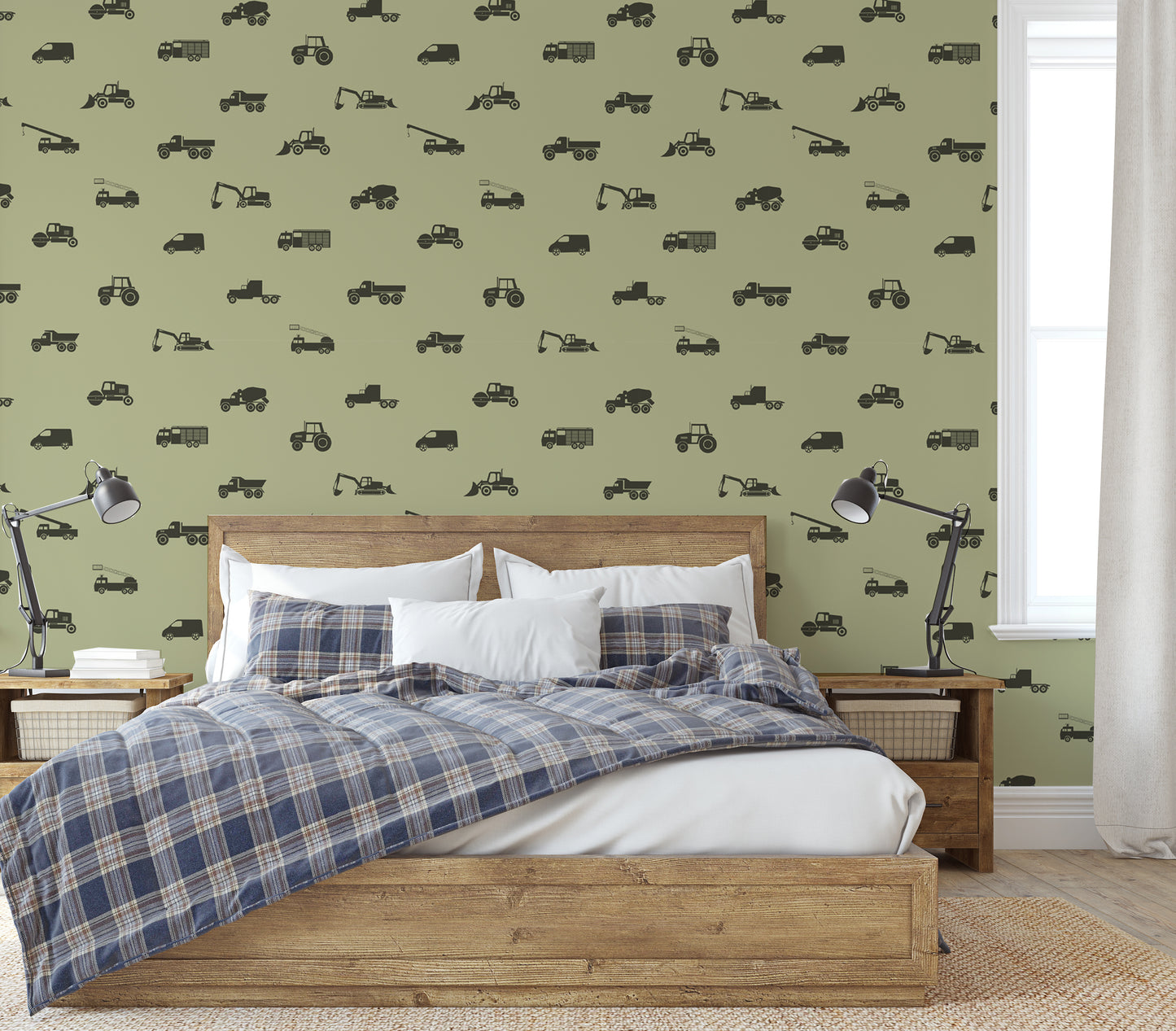 construction vehicle removable peel and stick wallpaper in a boys bedroom