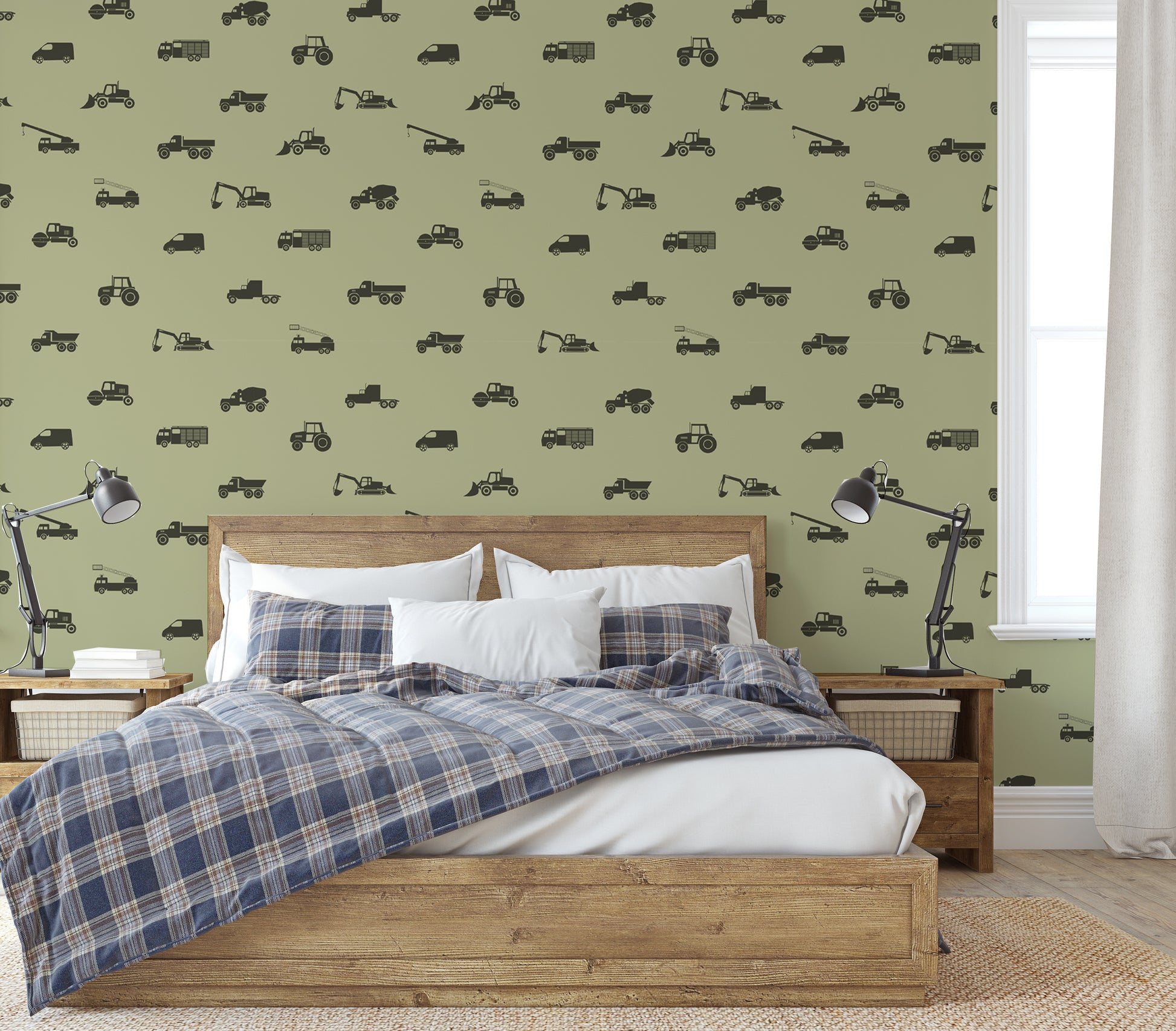 construction vehicle removable peel and stick wallpaper in a boys bedroom