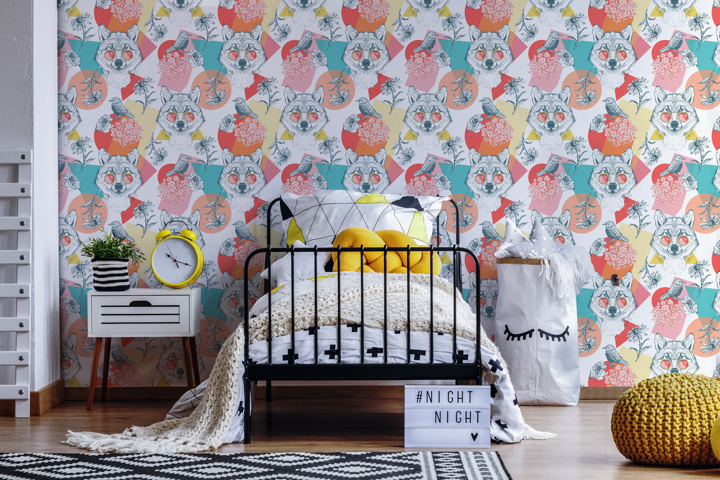 Colorful pop art wallpaper in kids room