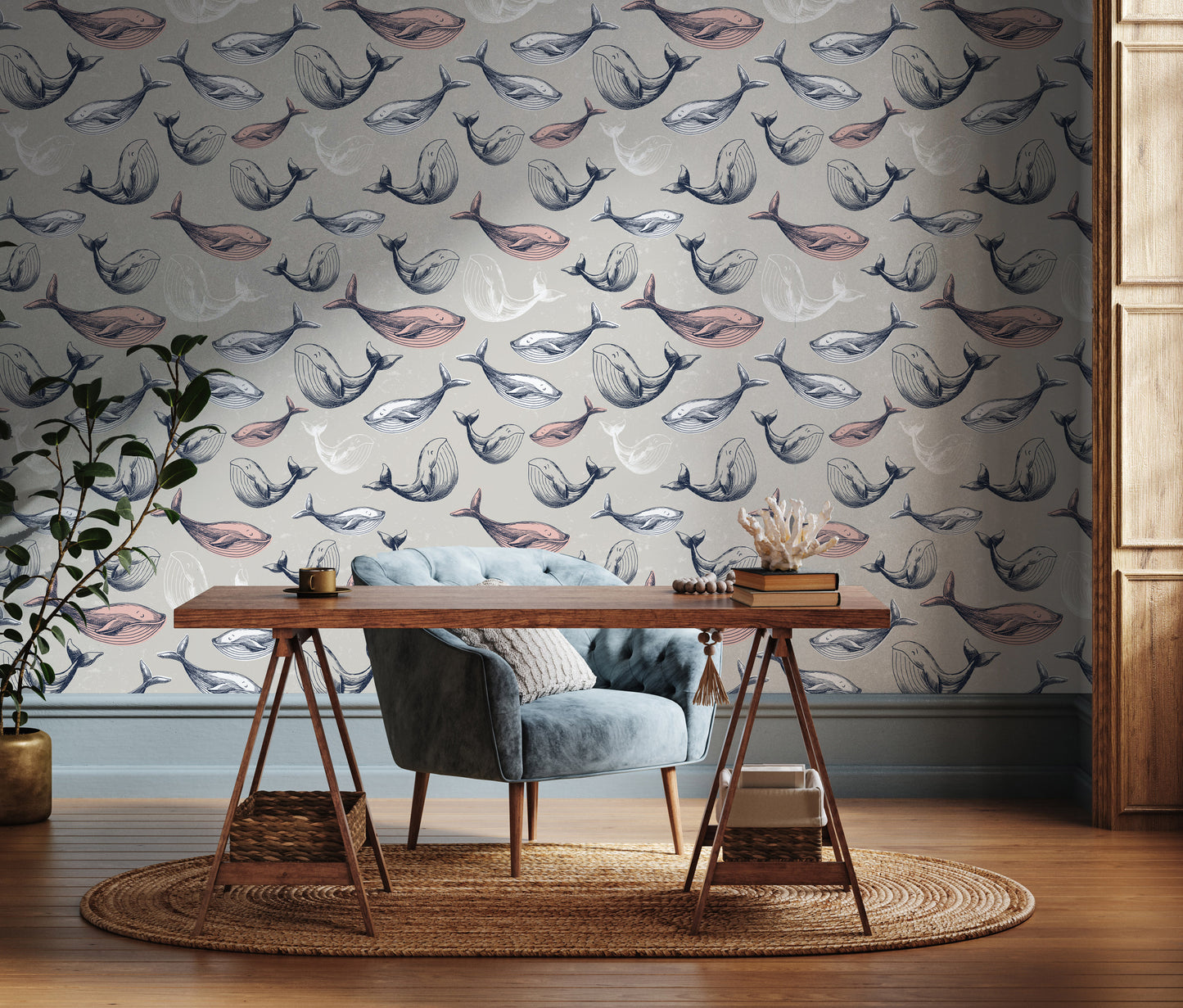 Pink Whale removable peel and stick wallpaper Nautical wallpaper