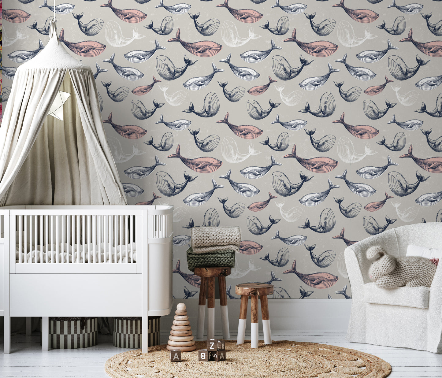 Pink Whale removable peel and stick wallpaper Nautical wallpaper