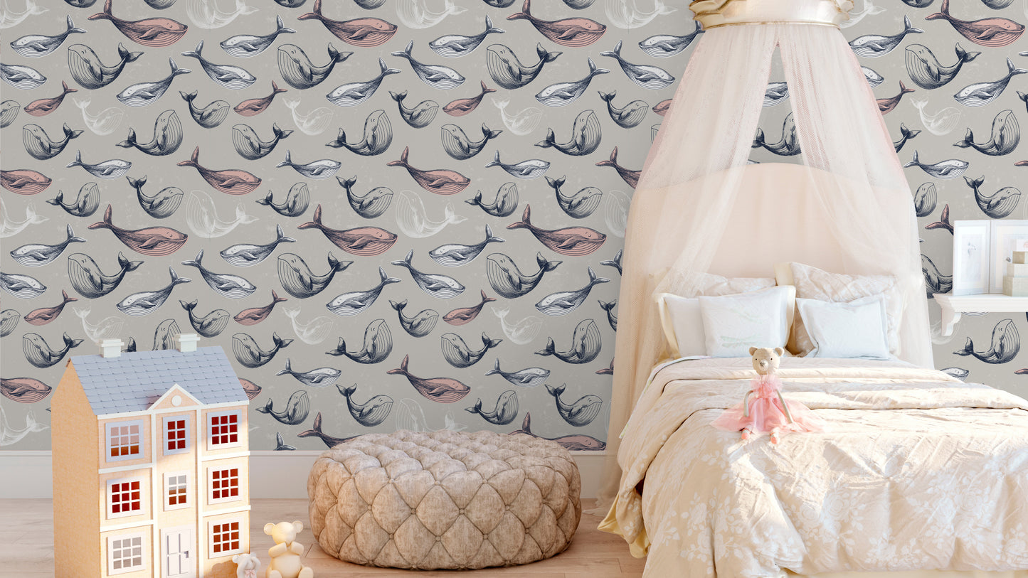 Pink Whale removable peel and stick wallpaper Nautical wallpaper