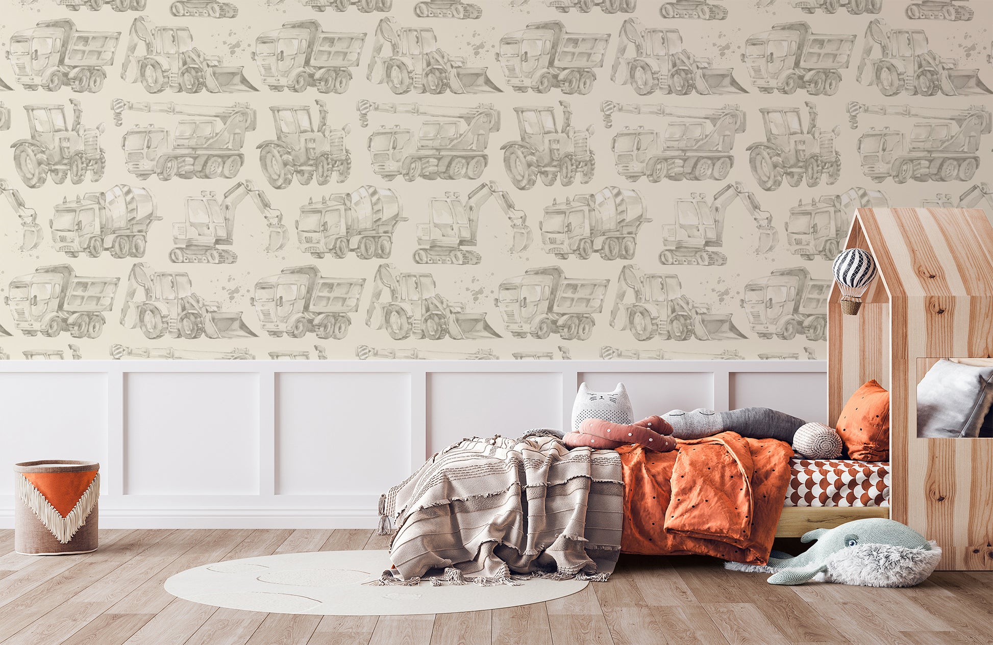 Boys room featuring construction truck removable wallpaper