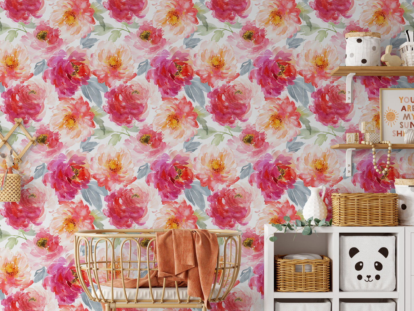 Peony watercolor wallpaper in playroom