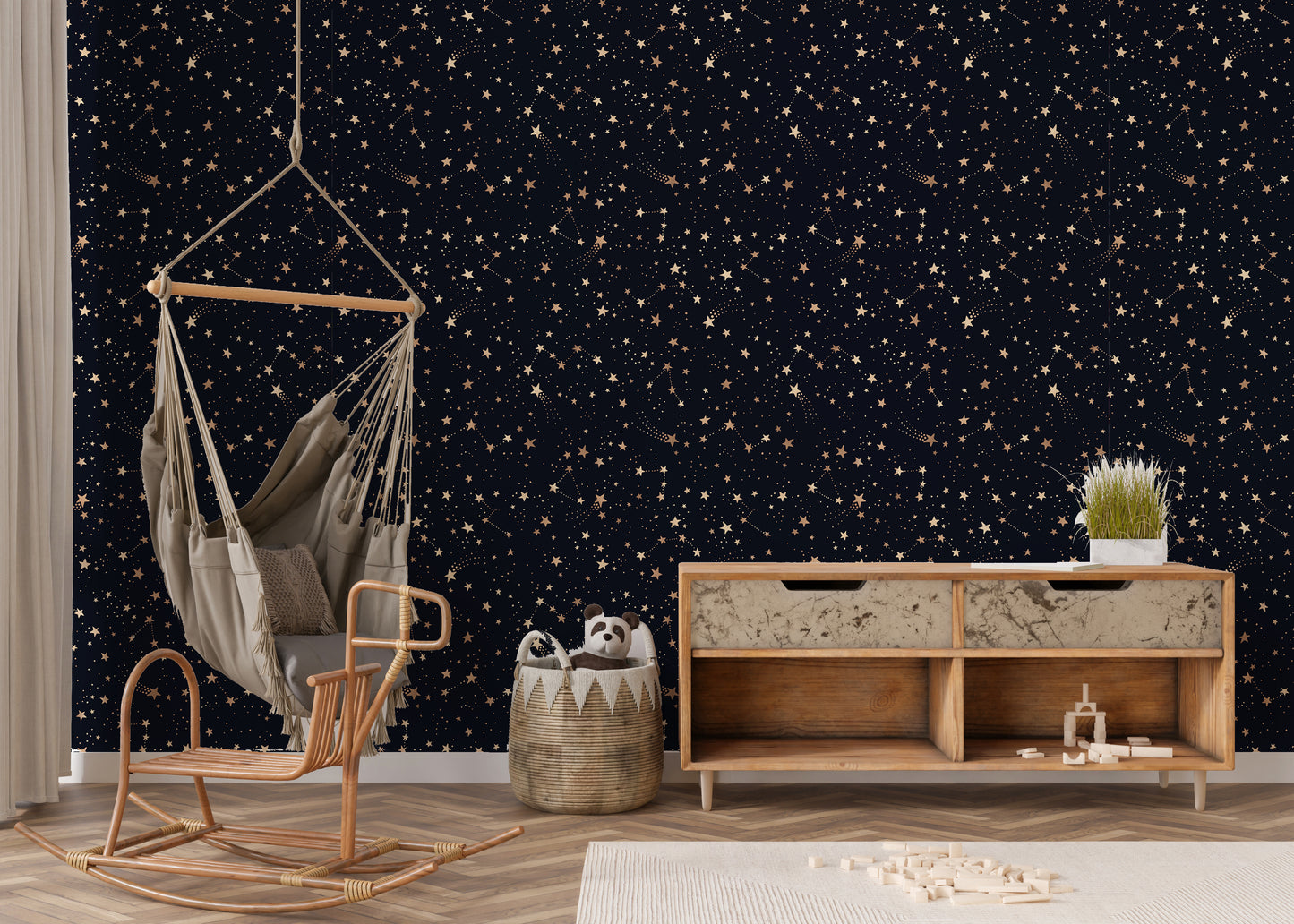 Space themed wallpaper in play space.