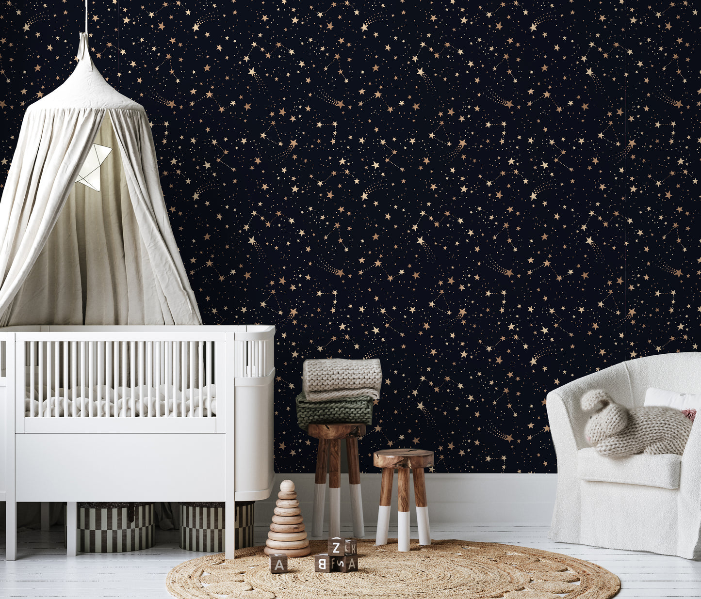 Space themed nursery with dark star removable peel and stick wallpaper