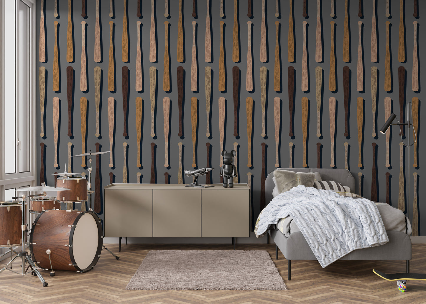 Baseball bat removable peel and stick wallpaper in boys bedroom