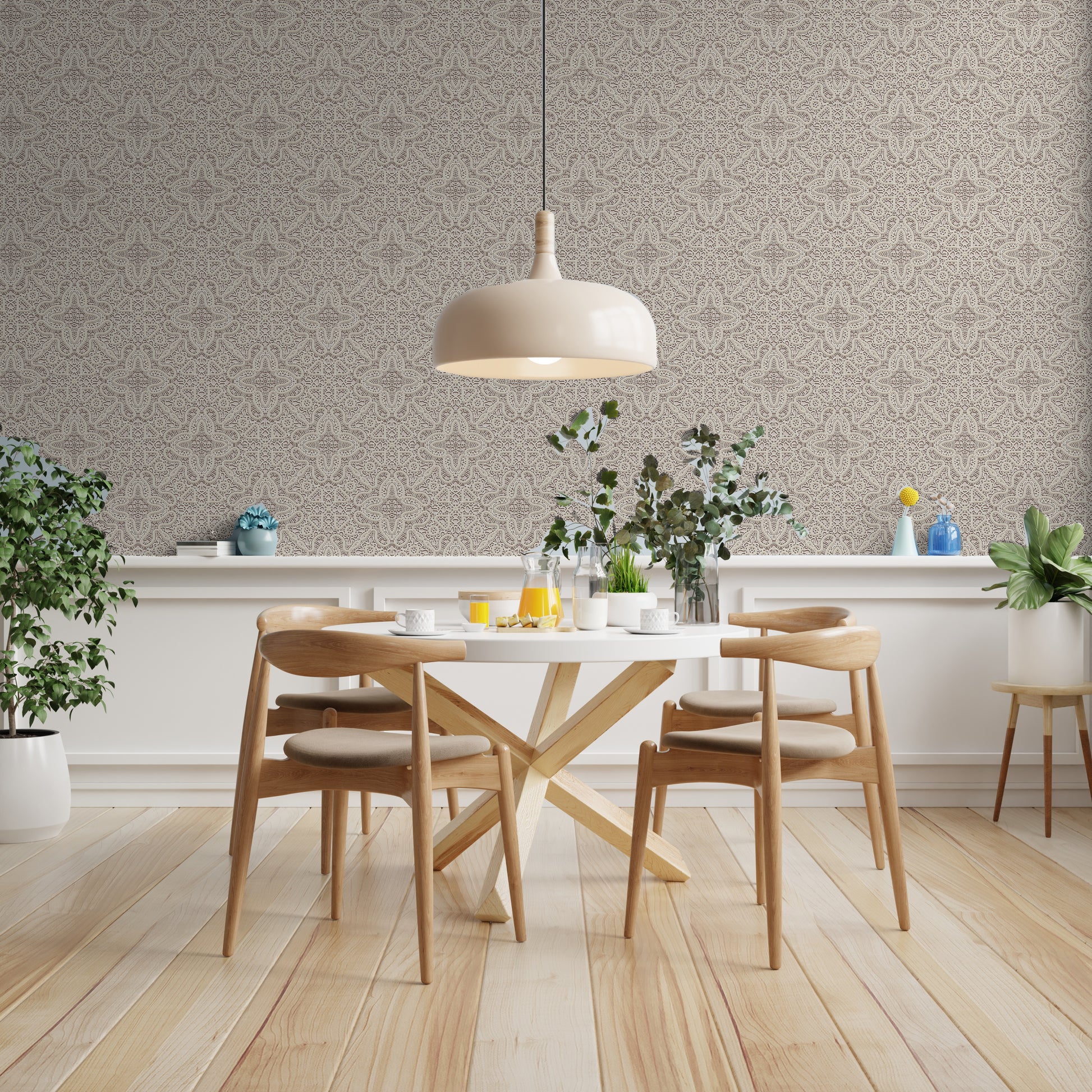 Dining room featuring easy removable peel and stick vintage lace wallpaper in a linen color.