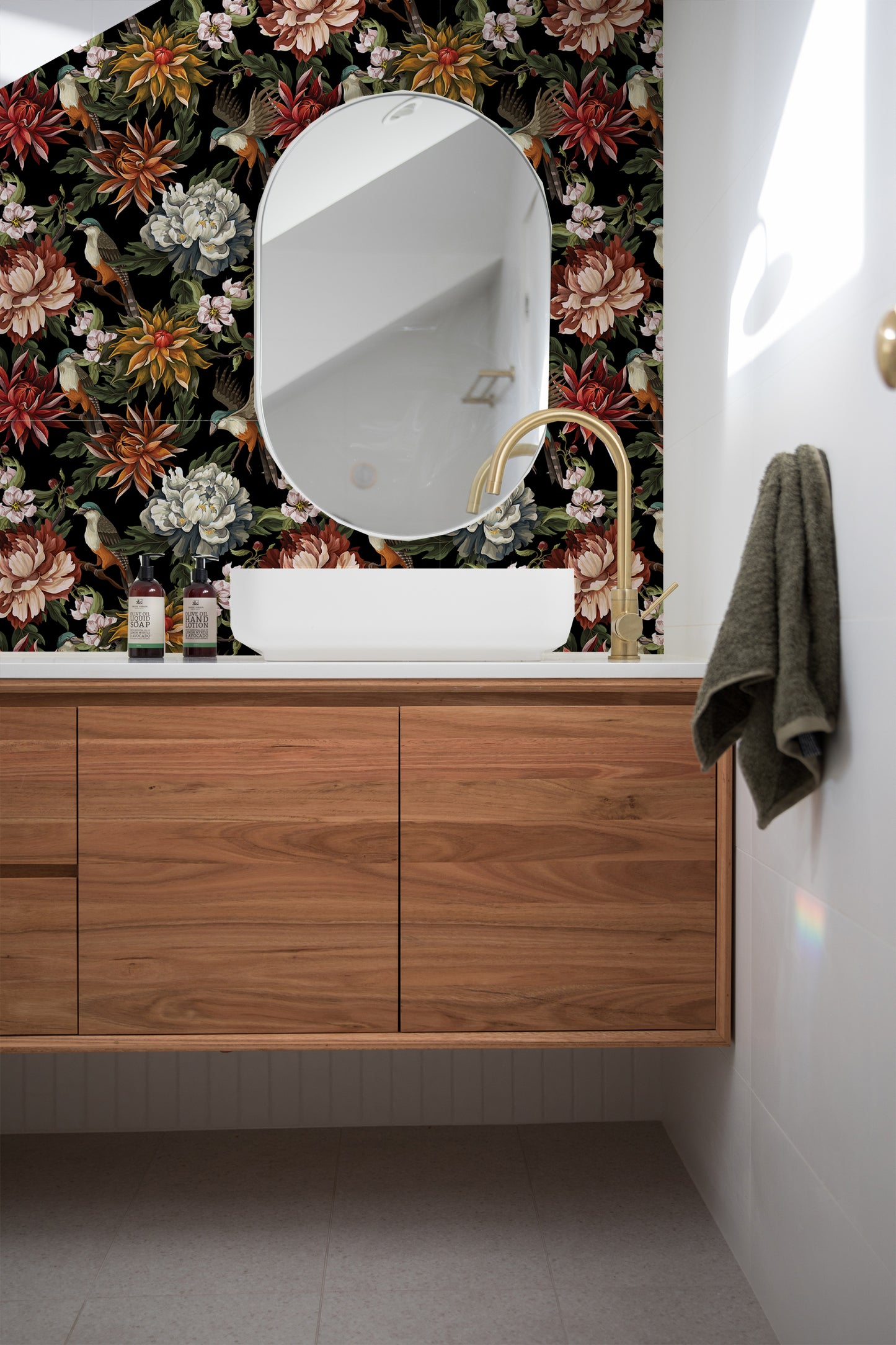 Dark Floral removable peel and stick wallpaper in a bathroom