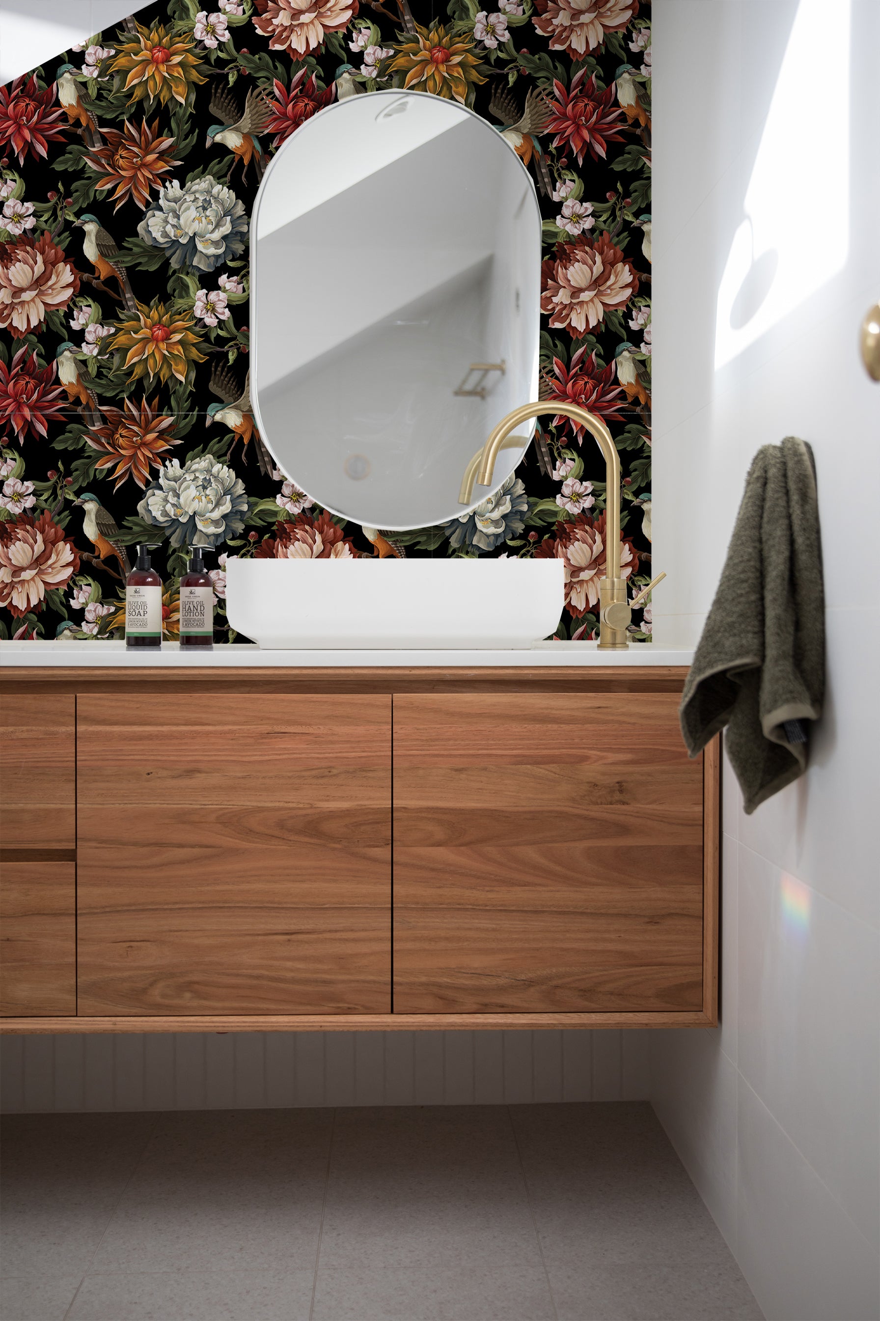 Dark Floral removable peel and stick wallpaper in a bathroom