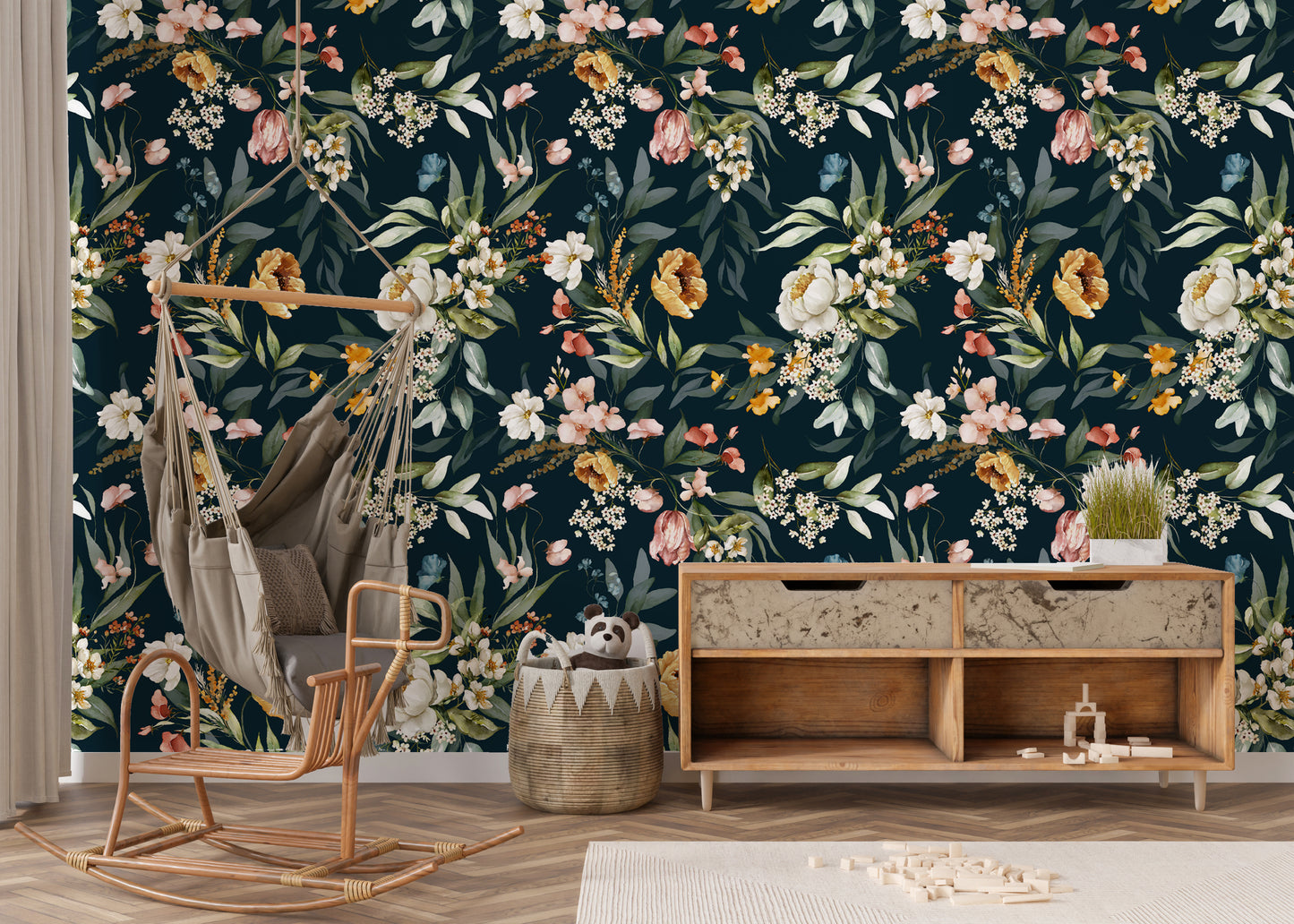 Dark floral wallpaper in playroom