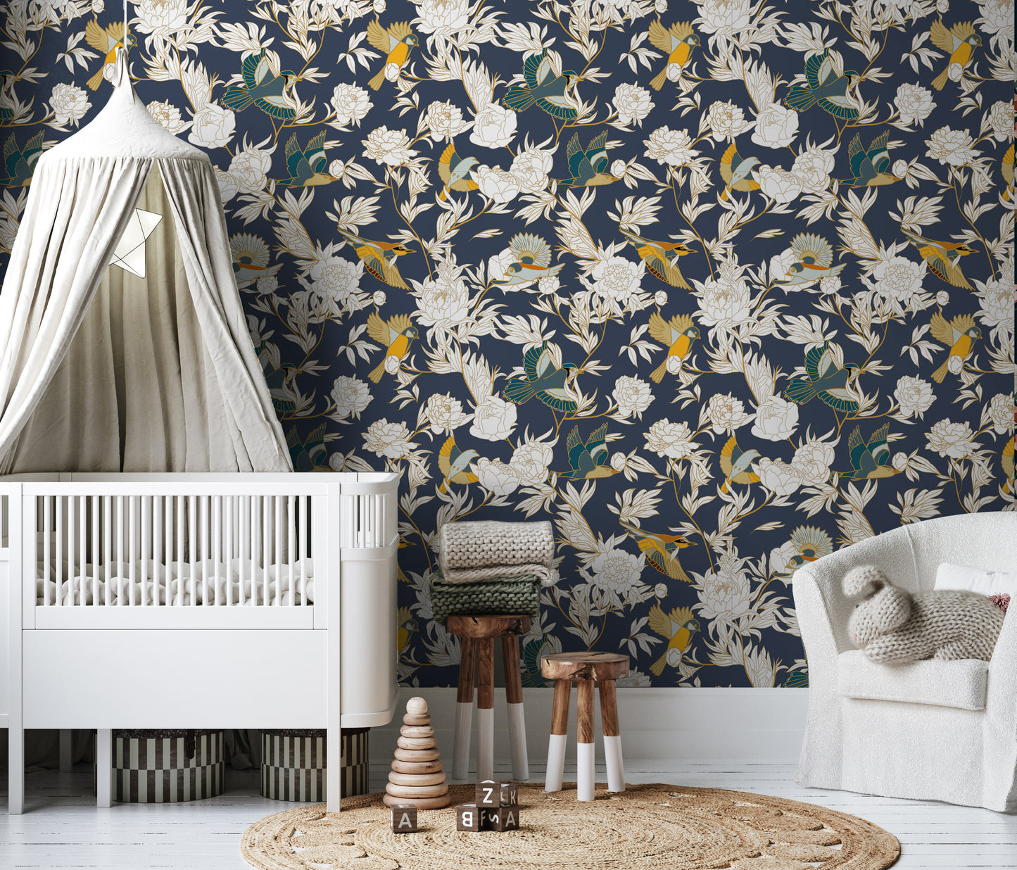 Floral and Bird easy removable peel and stick wallpaper in all white infants nursery
