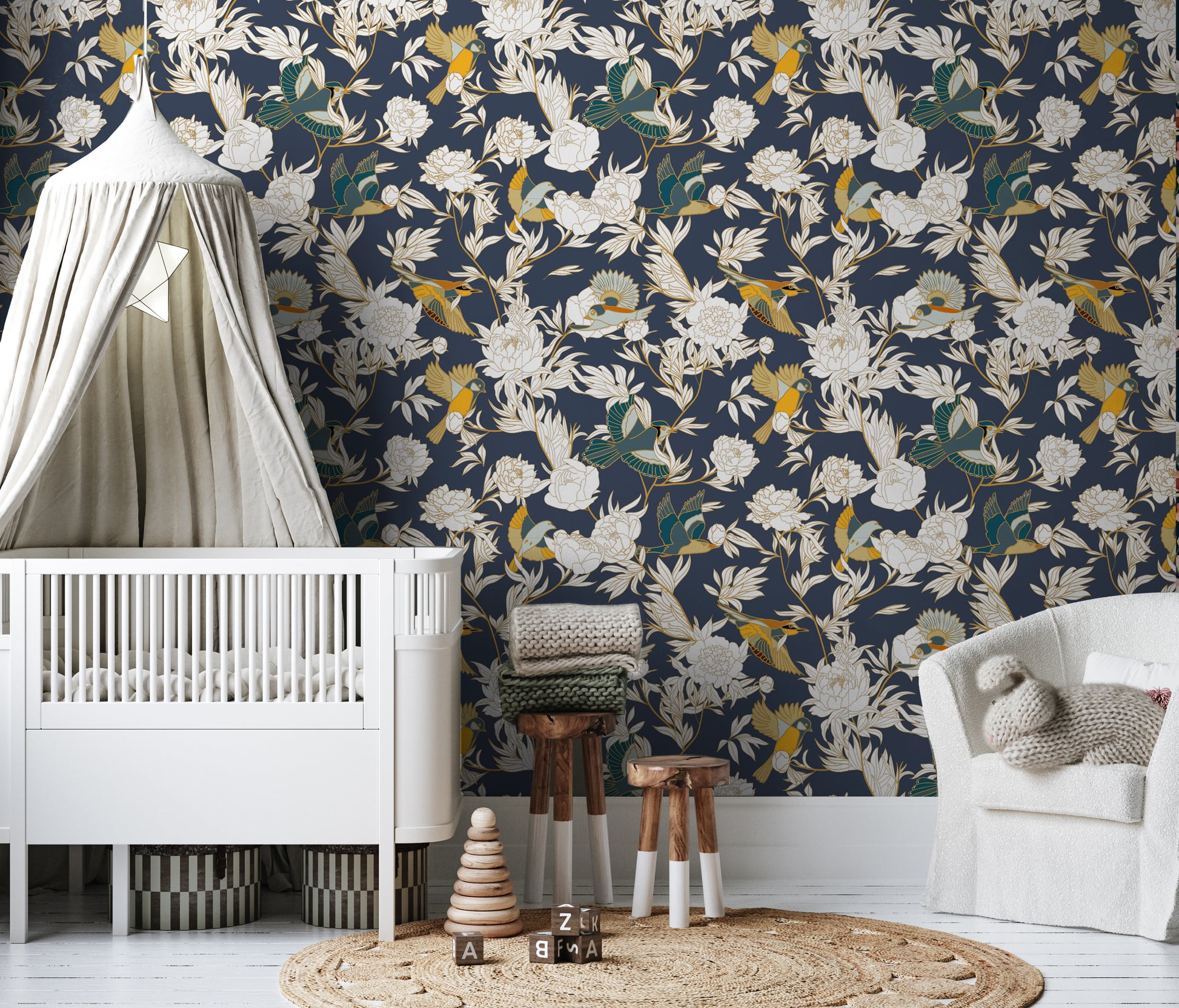 Floral and Bird easy removable peel and stick wallpaper in all white infants nursery