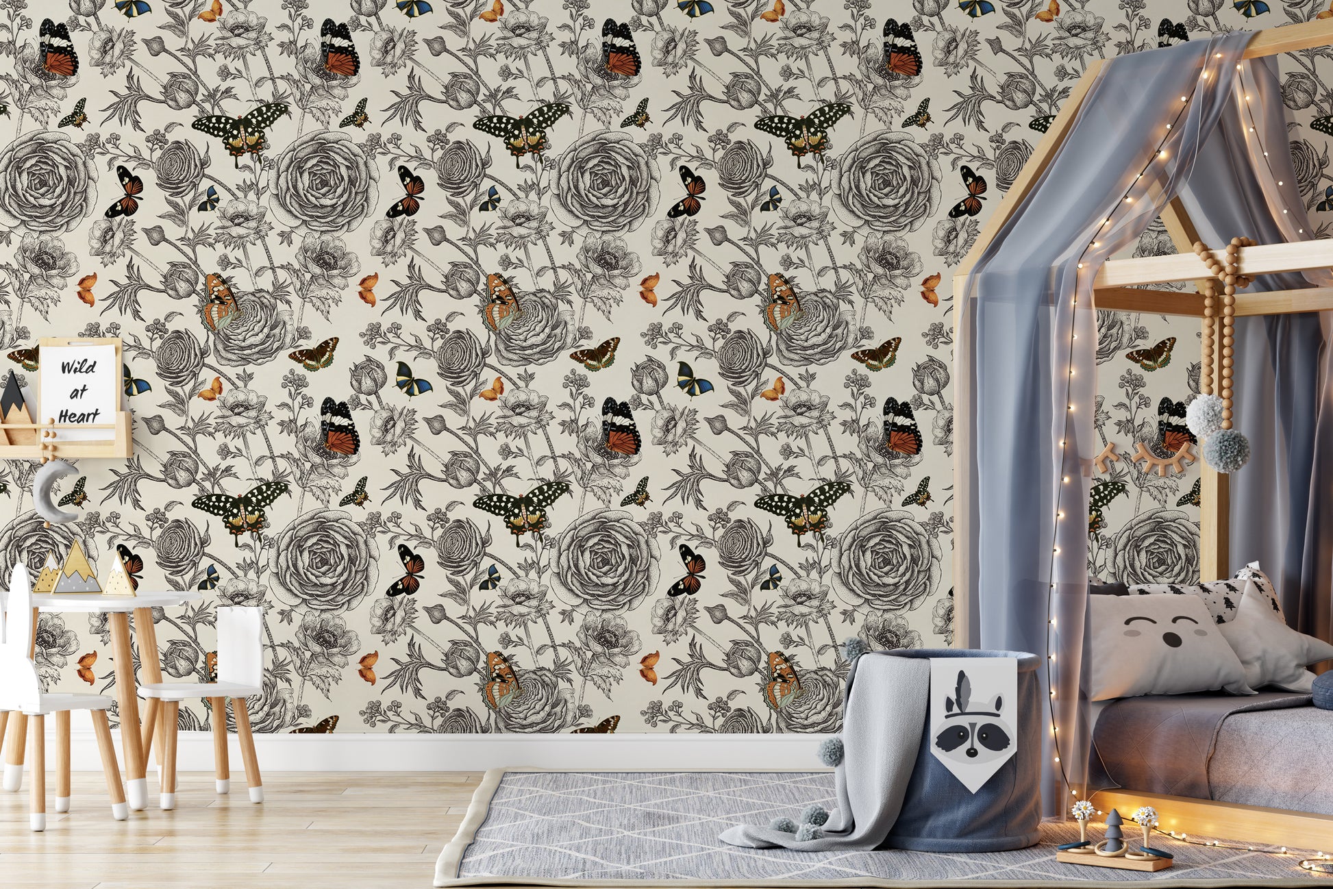 Black and white floral and colorful butterfly removable peel and stick wallpaper in kids bedroom