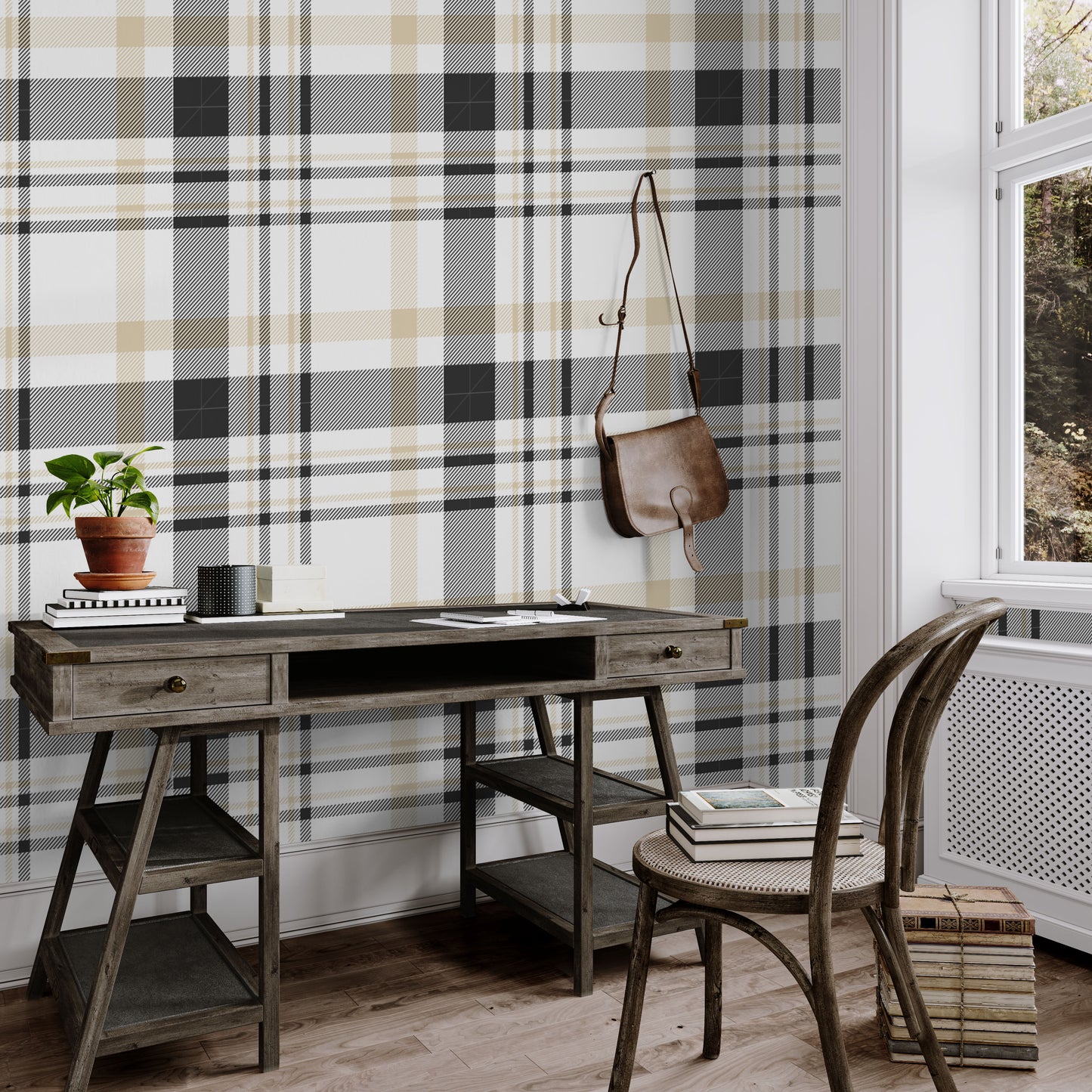 Black and Tan plaid removable peel and stick wallpaper