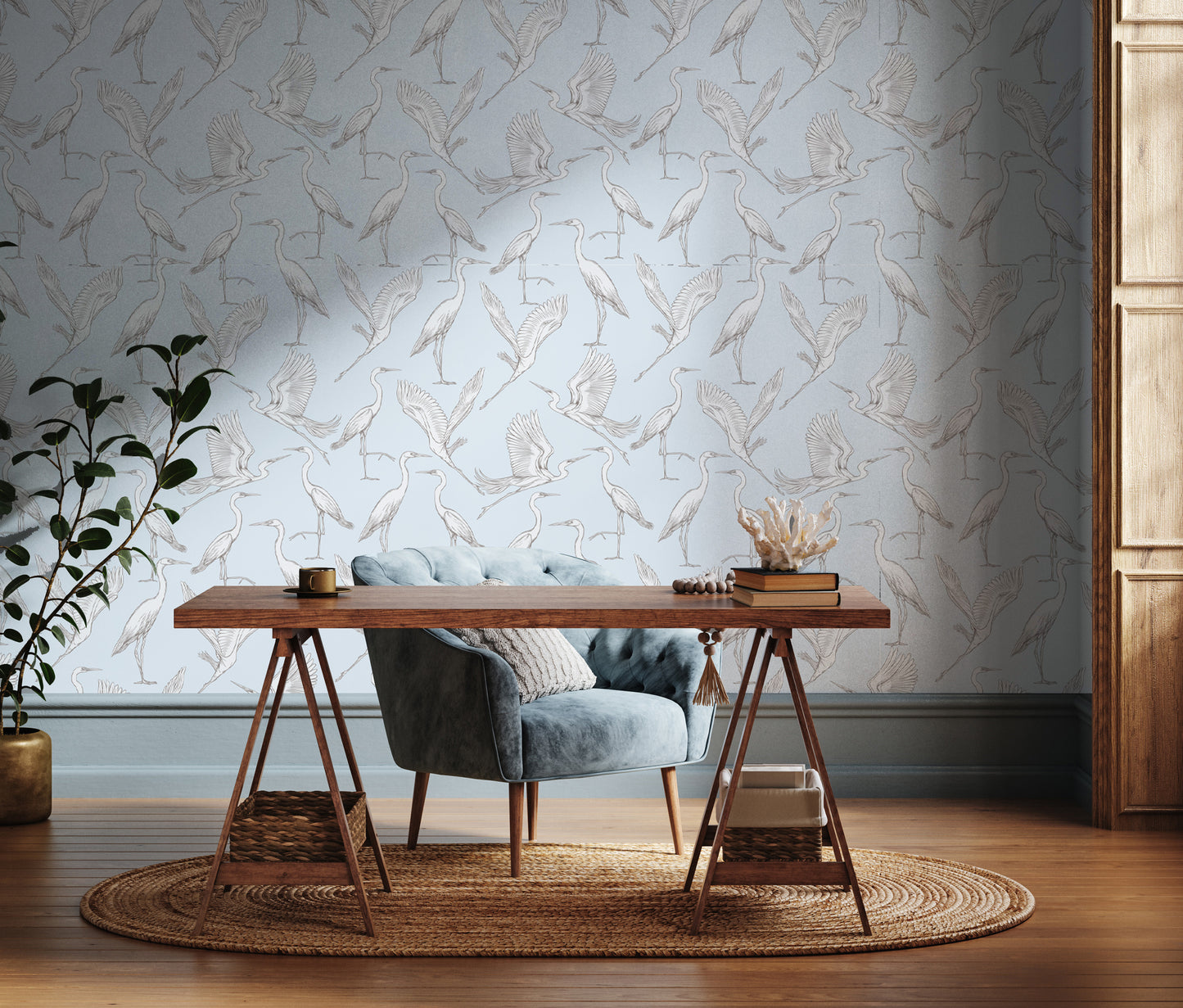 Blue Cranes removable peel and stick wallpaper