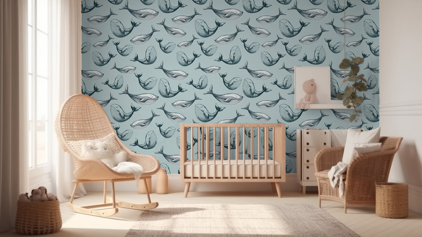 Whale removable peel and stick wallpaper Nautical wallpaper