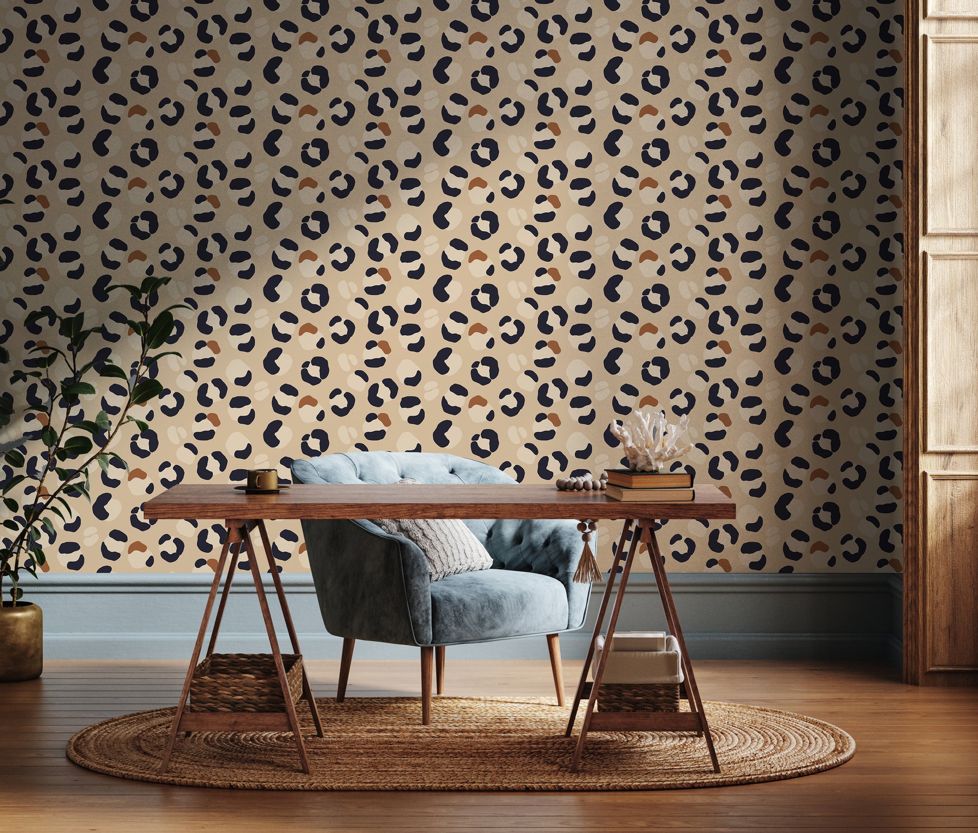 Leopard print wallpaper in a home office