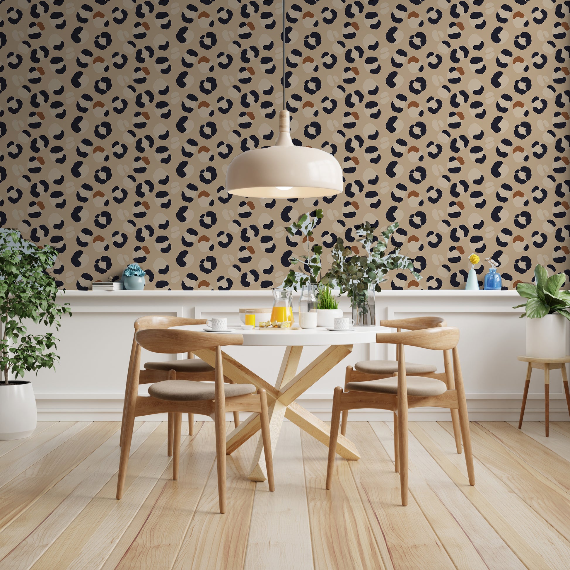 Leopard print wallpaper can go anywhere even a dining room