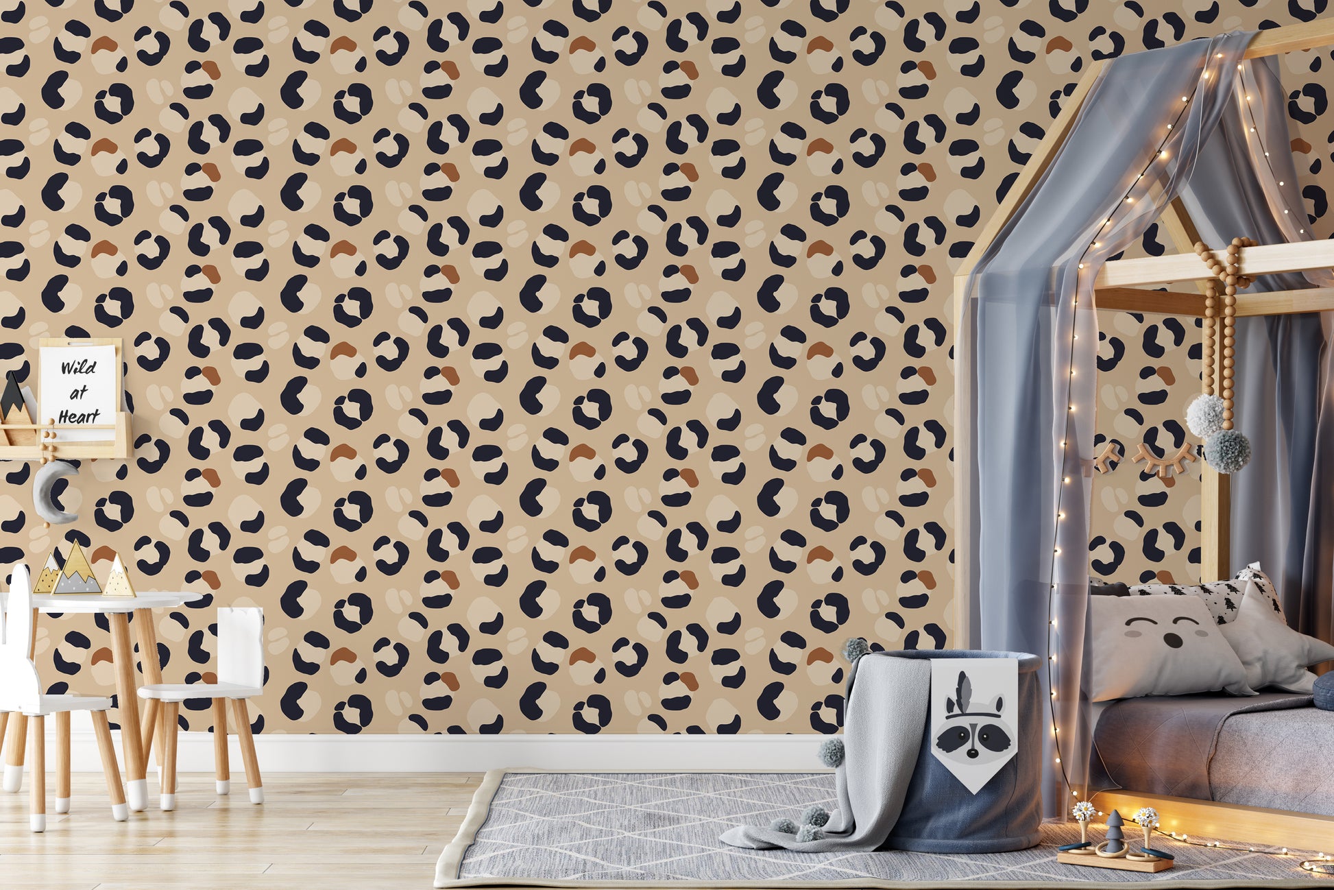 Cheetah print removable peel and stick wallpaper childs bedroom. 