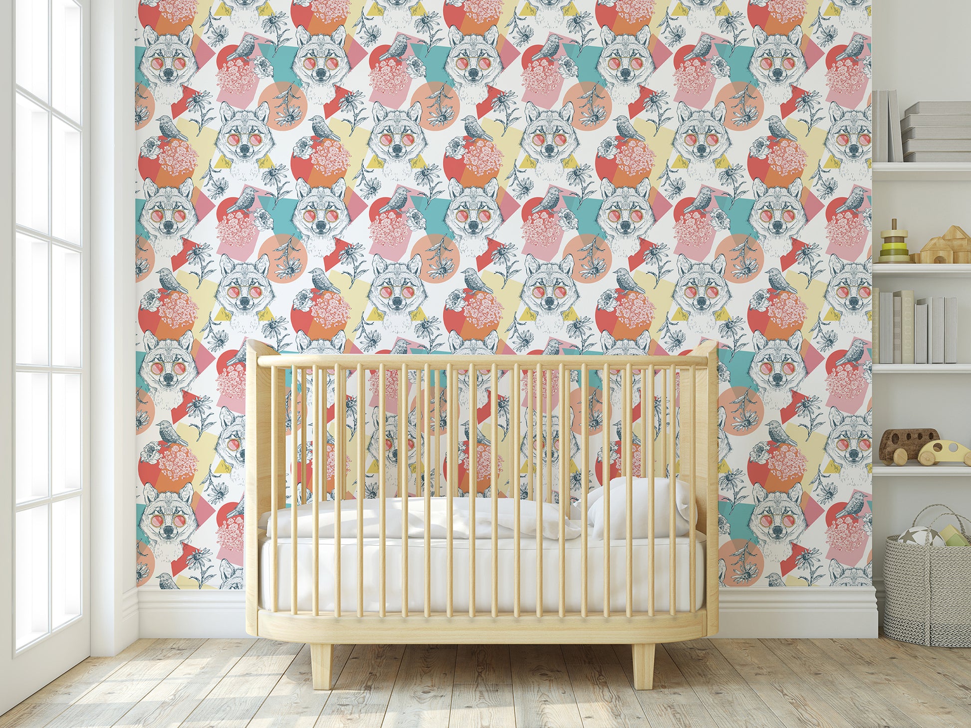 Colorful wolf in sunglasses removable peel and stick wallpaper in nursery