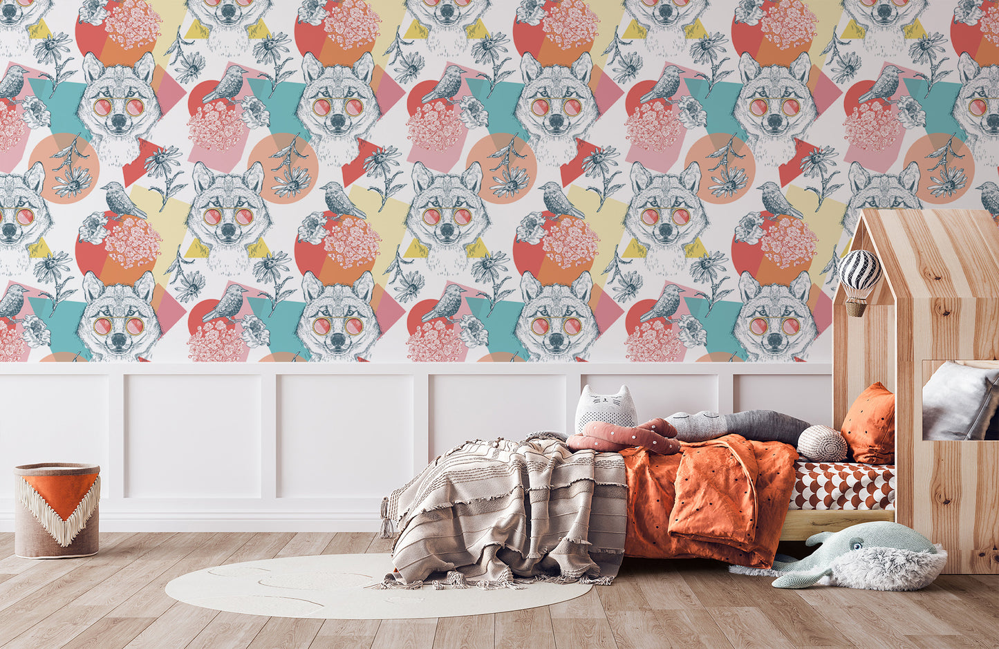 Wallpaper in kids room featuring birds, flowers, and a wolf with sunglasses