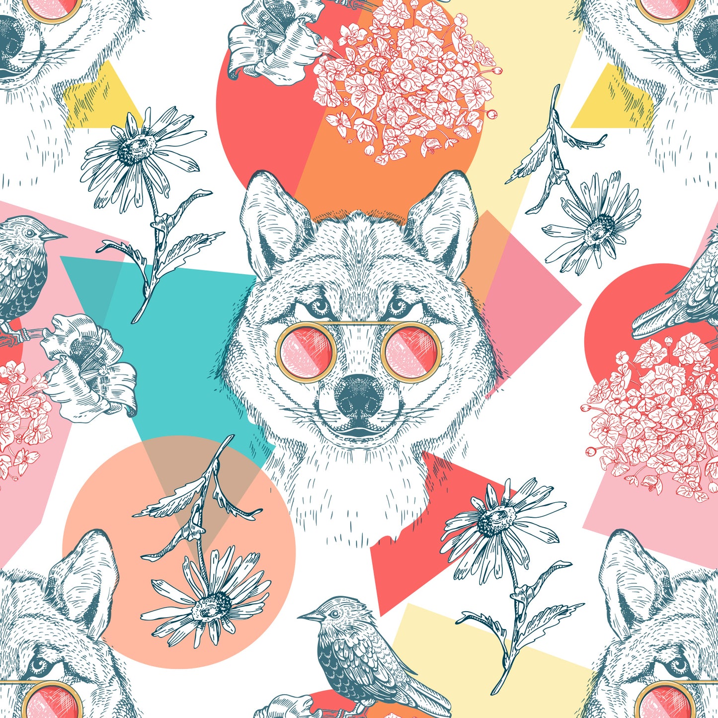 Up close pop art wallpaper featuring daisies, flowers, birds, wolf in sunglasses with shades of yellow, peach, pink, red, orange and teal