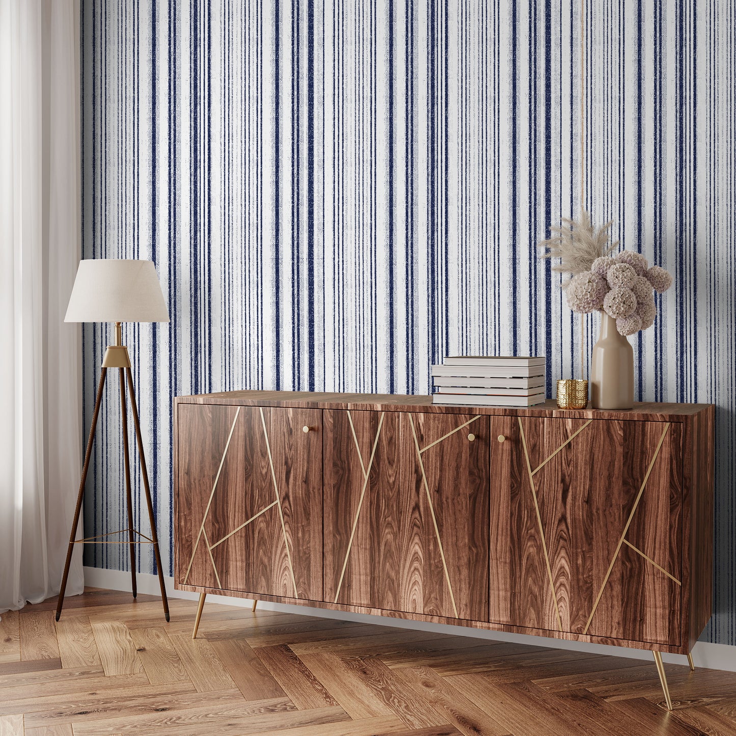 Navy blue striped removable peel and stick wallpaper