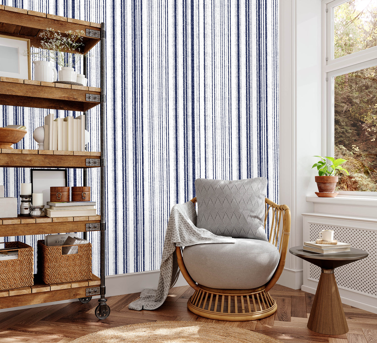 Navy blue striped removable peel and stick wallpaper