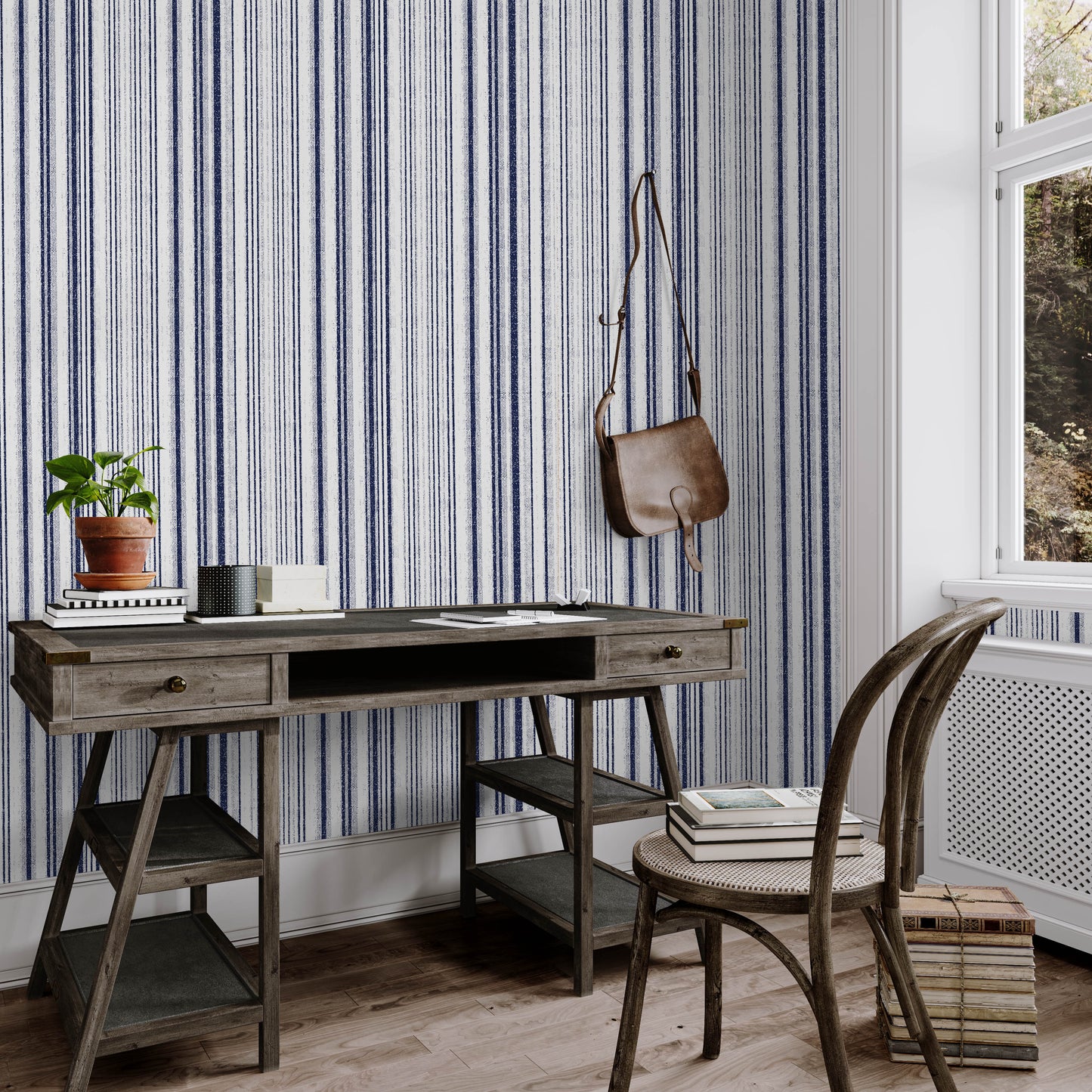 Navy blue striped removable peel and stick wallpaper