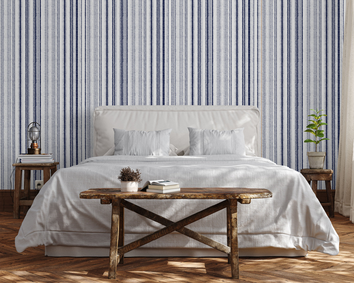 Navy blue striped removable peel and stick wallpaper