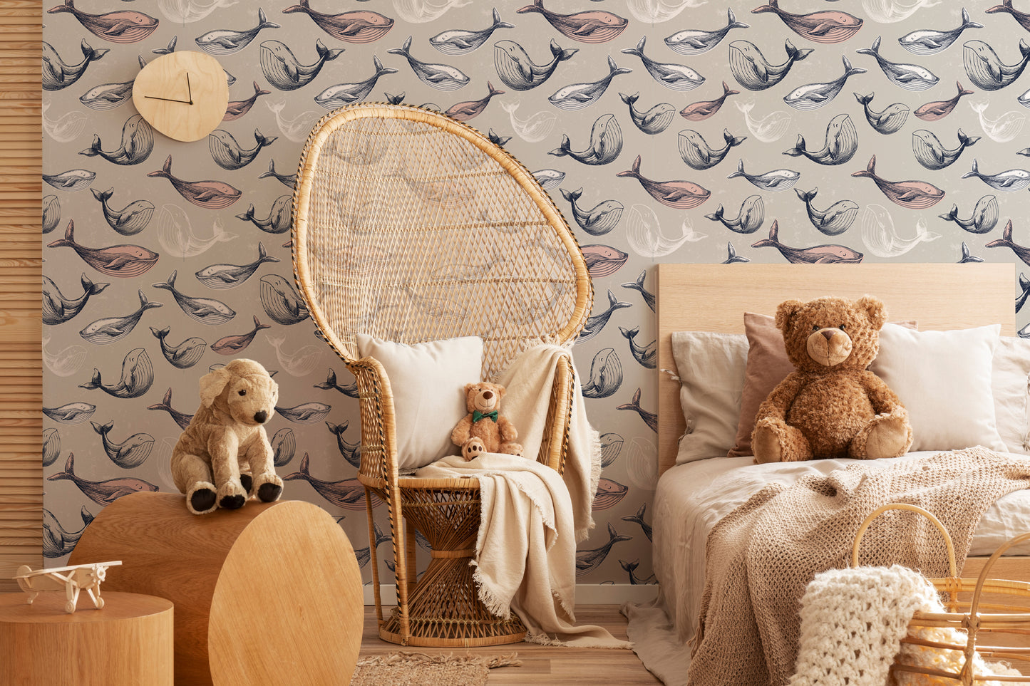 Pink Whale removable peel and stick wallpaper Nautical wallpaper