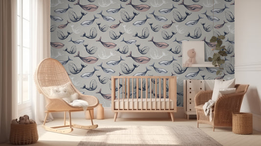 Pink Whale removable peel and stick wallpaper Nautical wallpaper