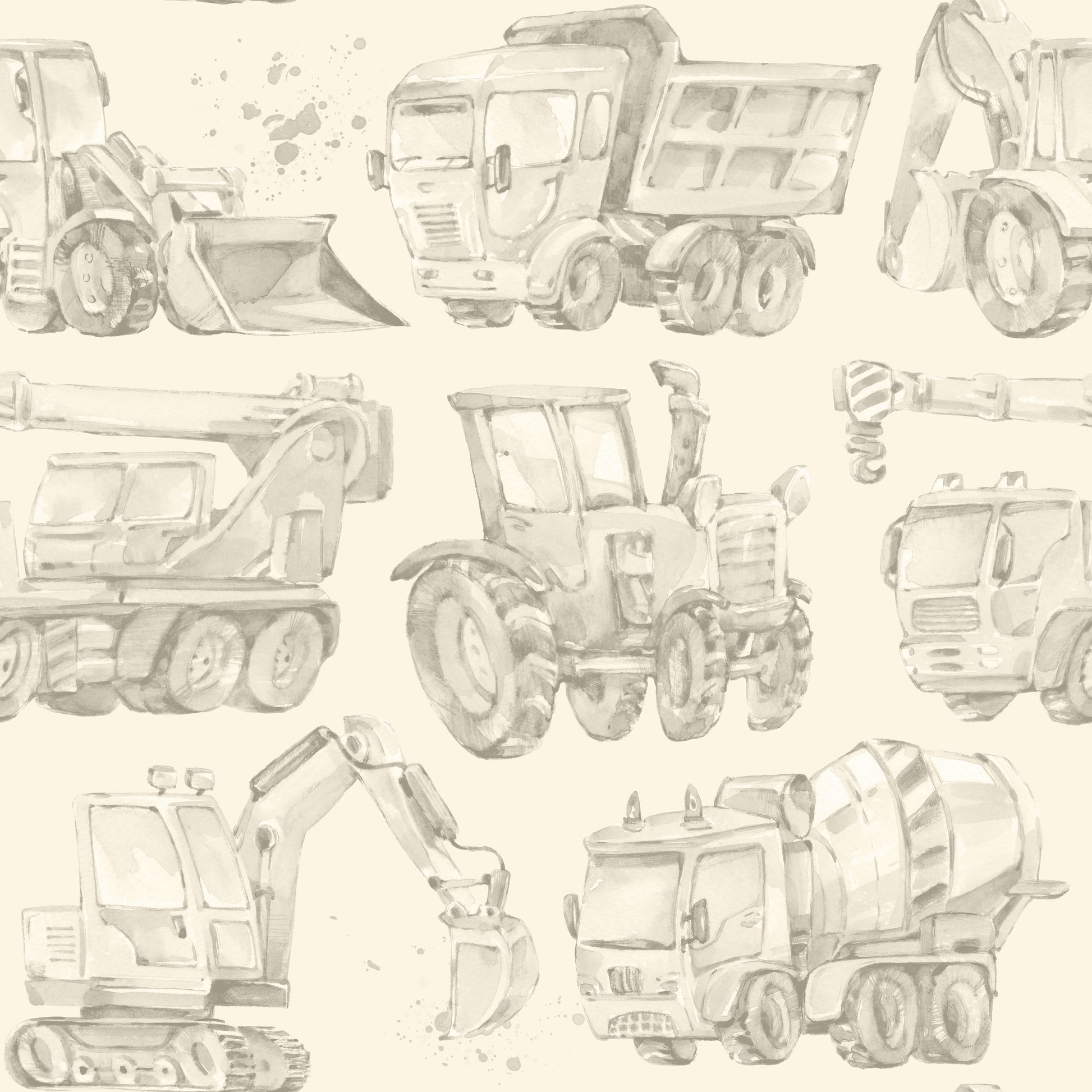 Wallpaper sample pattern up close featuring cars, trucks, Diggers, and Dump Trucks in a neutral color scheme