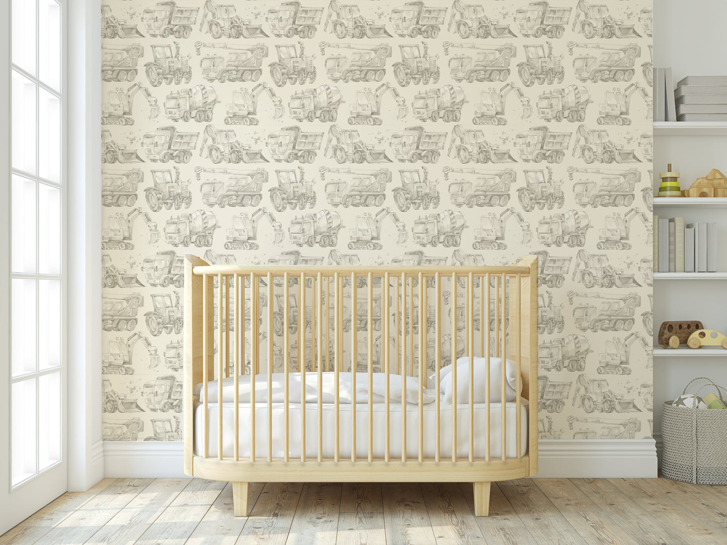 Tractor, Car, Truck, Digger neutral wallpaper in baby nursery