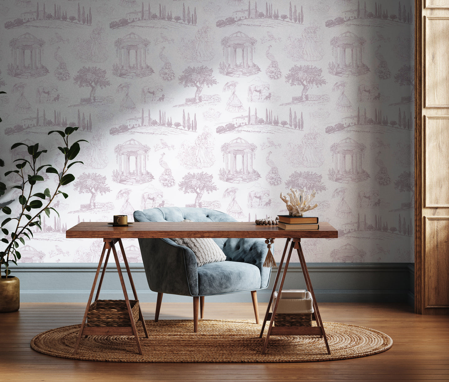 Blush pink vintage French Toile removable peel and stick wallpaper