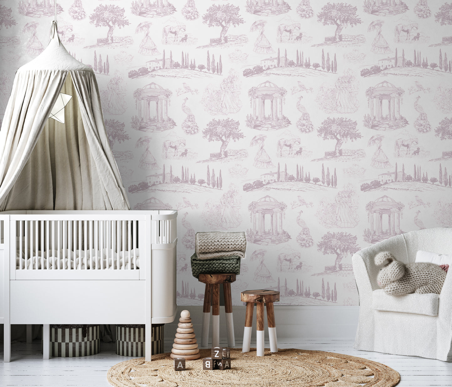 Blush pink vintage French Toile removable peel and stick wallpaper