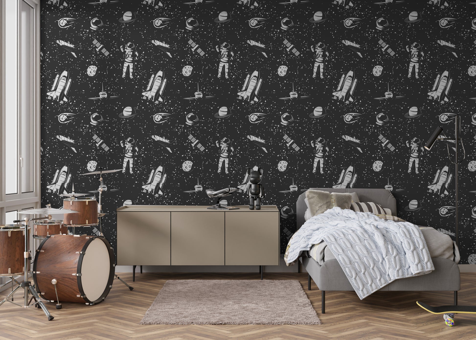 Teen room with space themed removable peel and stick wallpaper