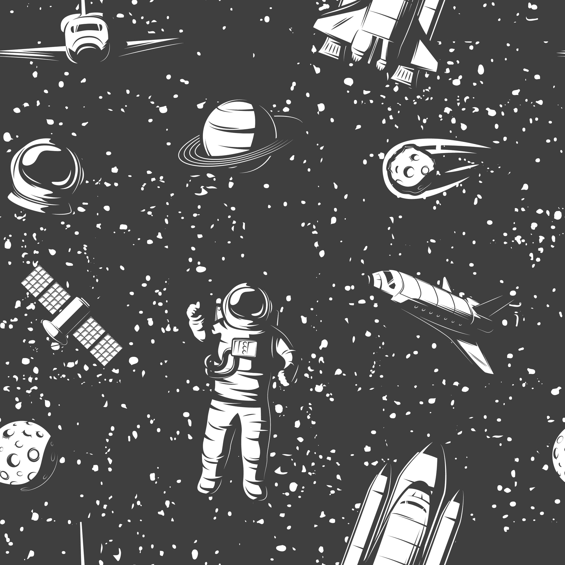 Up close Rocket to the moon wallpaper pattern featuring planets, Astronauts, space shuttles, moons, comets on a slate night sky
