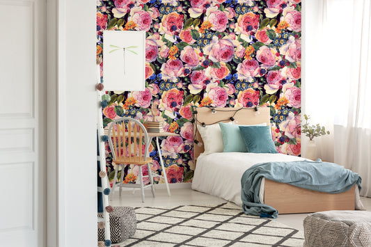 Dark floral watercolor rose print removable peel and stick wallpaper in little girls room