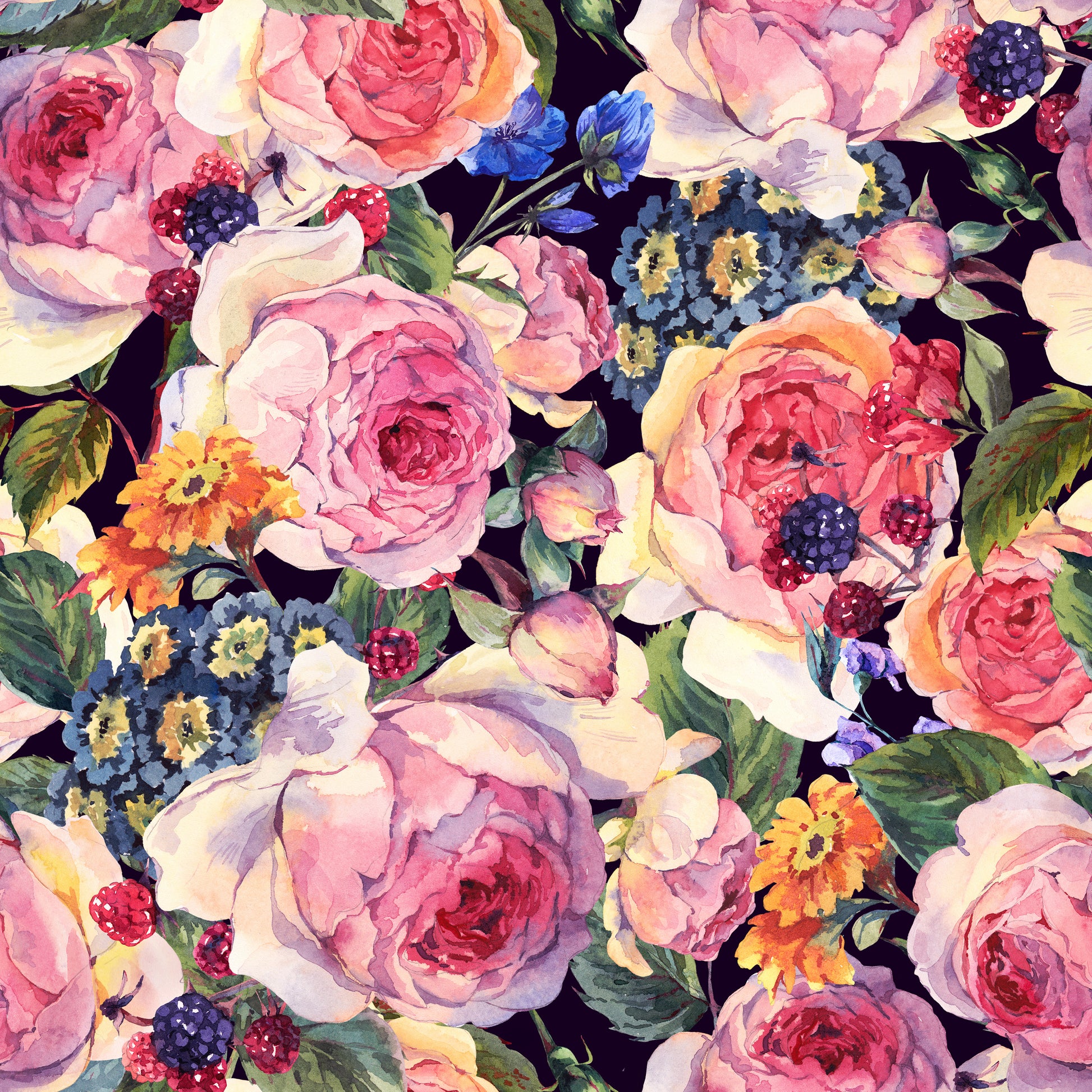 rose wallpaper pattern up close with dark bavkground vivid pink roses wild berries and yellow and blue flowers