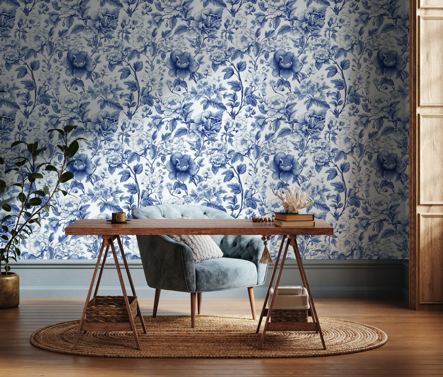 Blue floral Toile removable peel and stick wallpaper