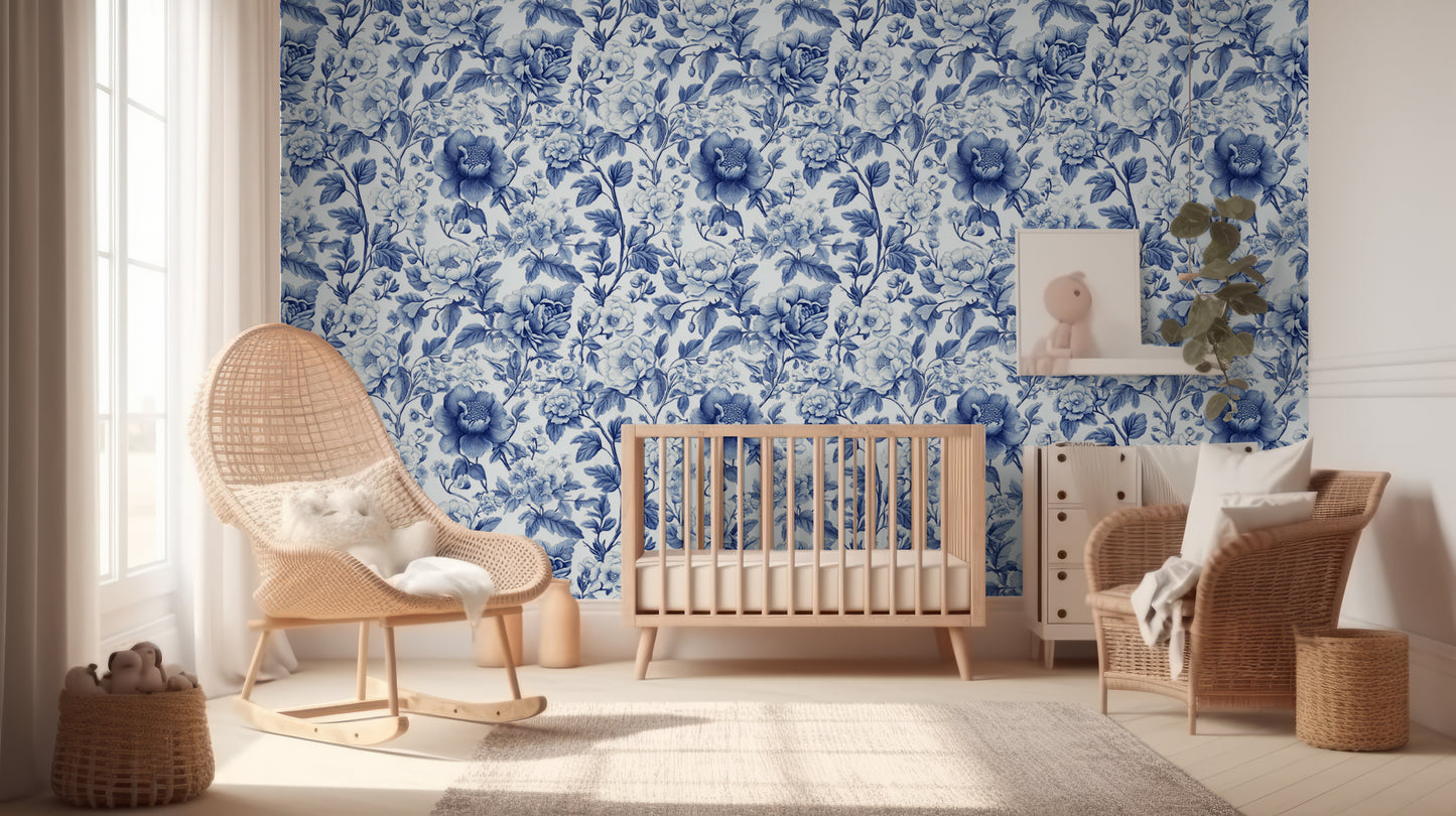 Blue floral Toile removable peel and stick wallpaper