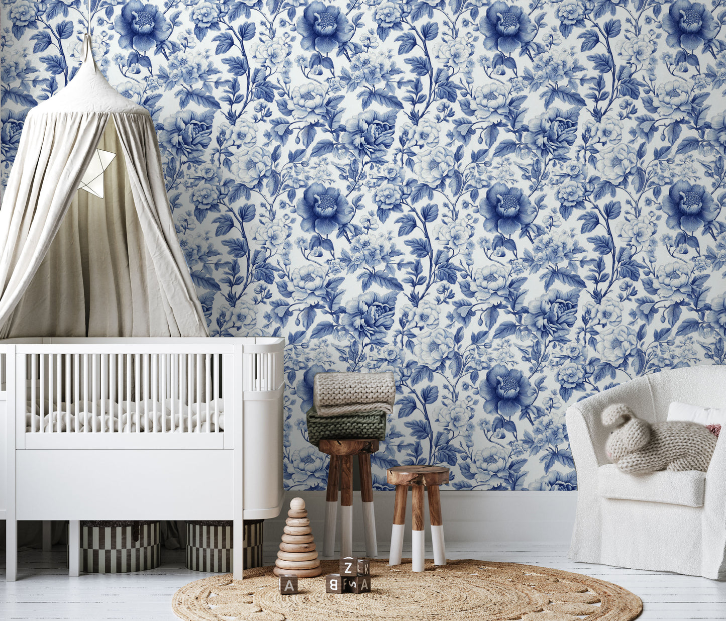 Blue floral Toile removable peel and stick wallpaper