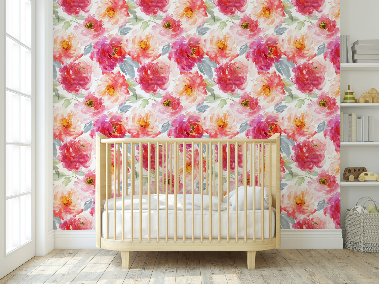 Removable watercolor bright floral wallpaper in babies room