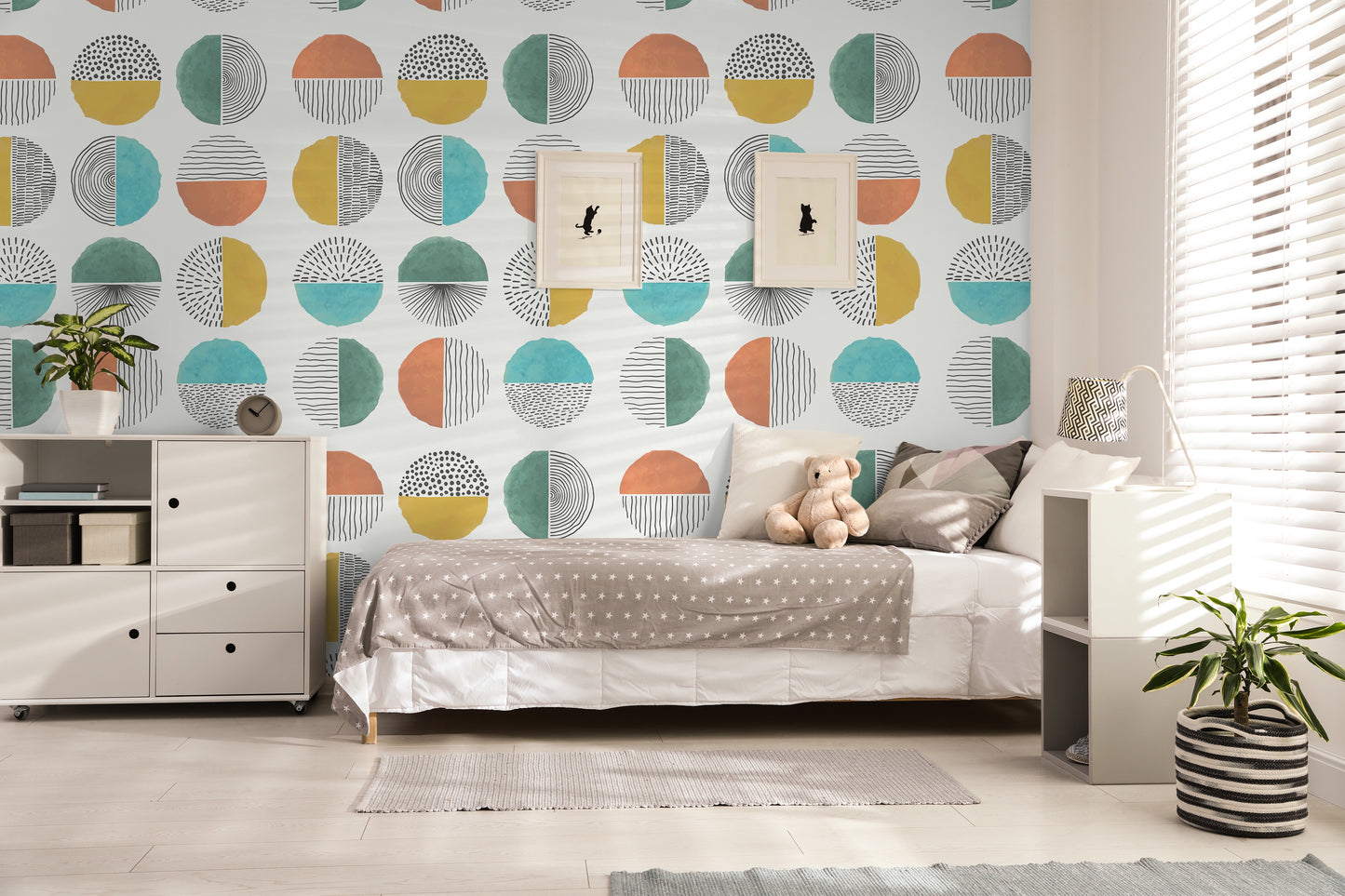 Easy removable peel and stick wallpaper with Colorful circles in half watercolor half black and white textures on the wall in a child's bedroom