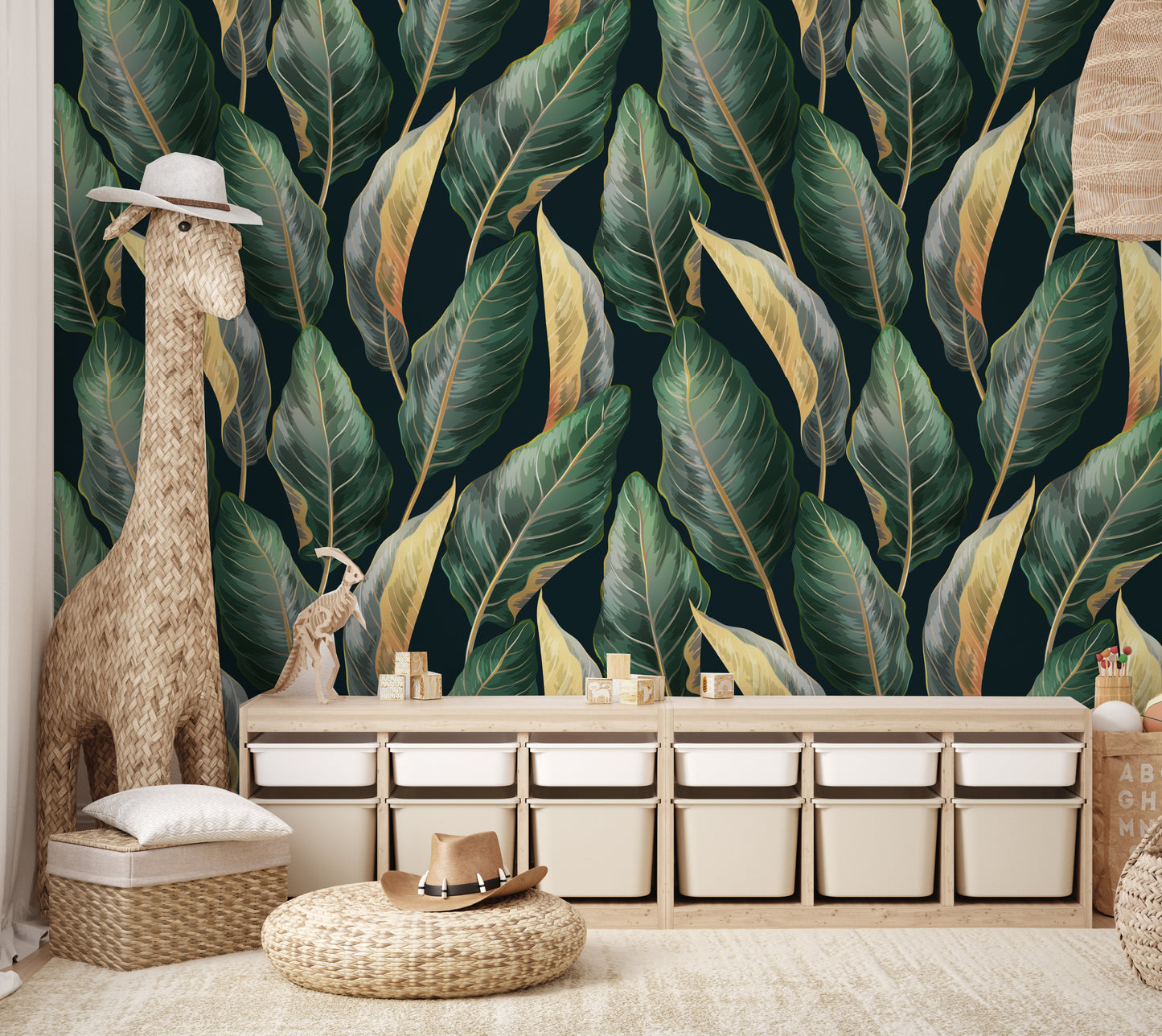 Dark tropical removable  peel and stick wallpaper in a playroom