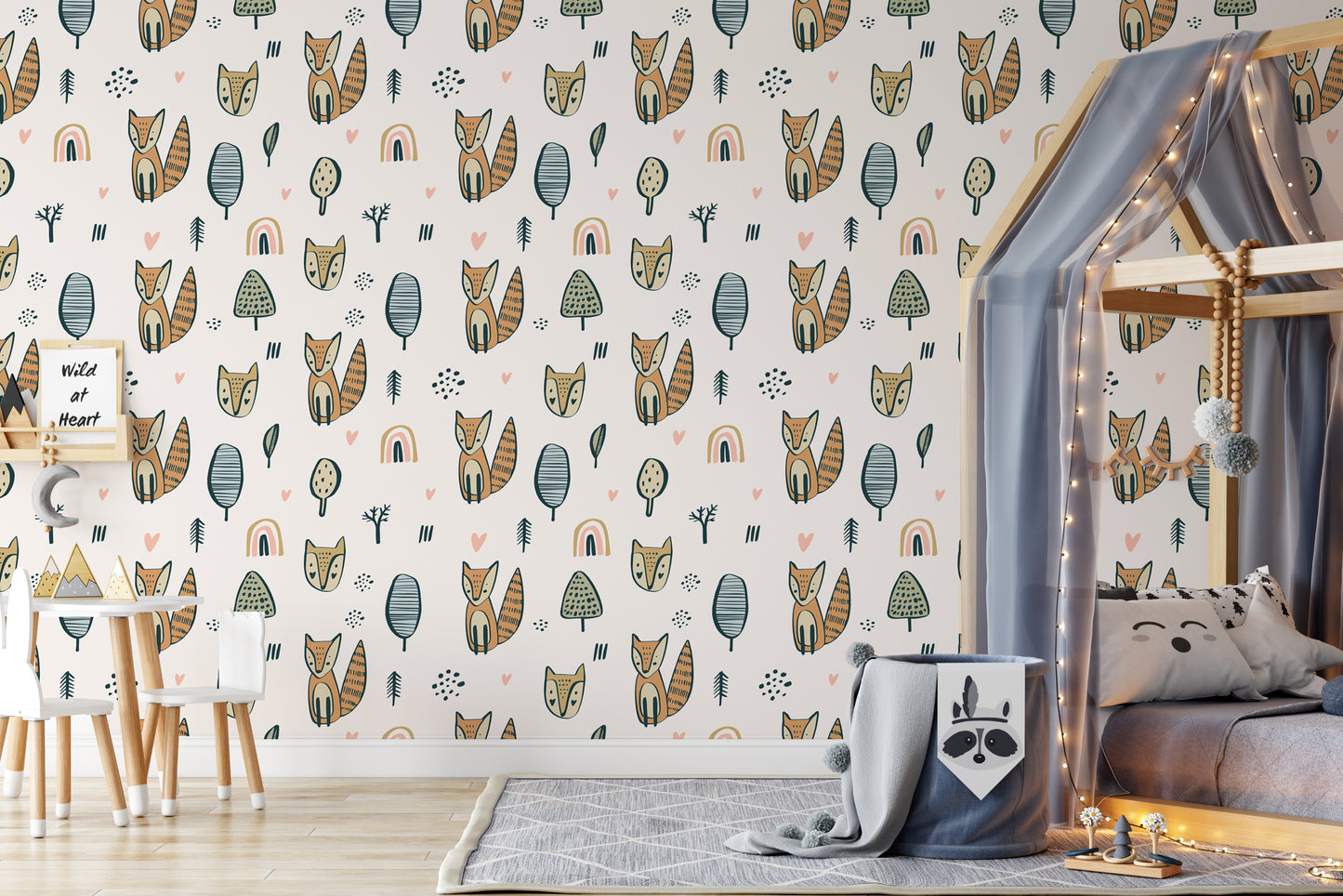 woodland fox and rainbow removable peel and stick wallpaper in bedroom with a canopy bed