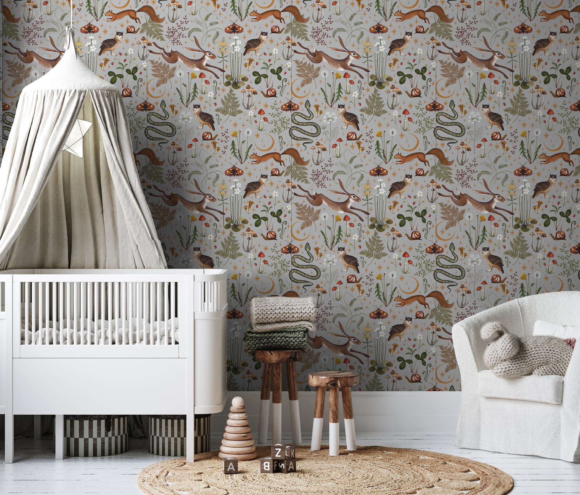 Woodland mushroom removable peel and stick wallpaper in all white nursery